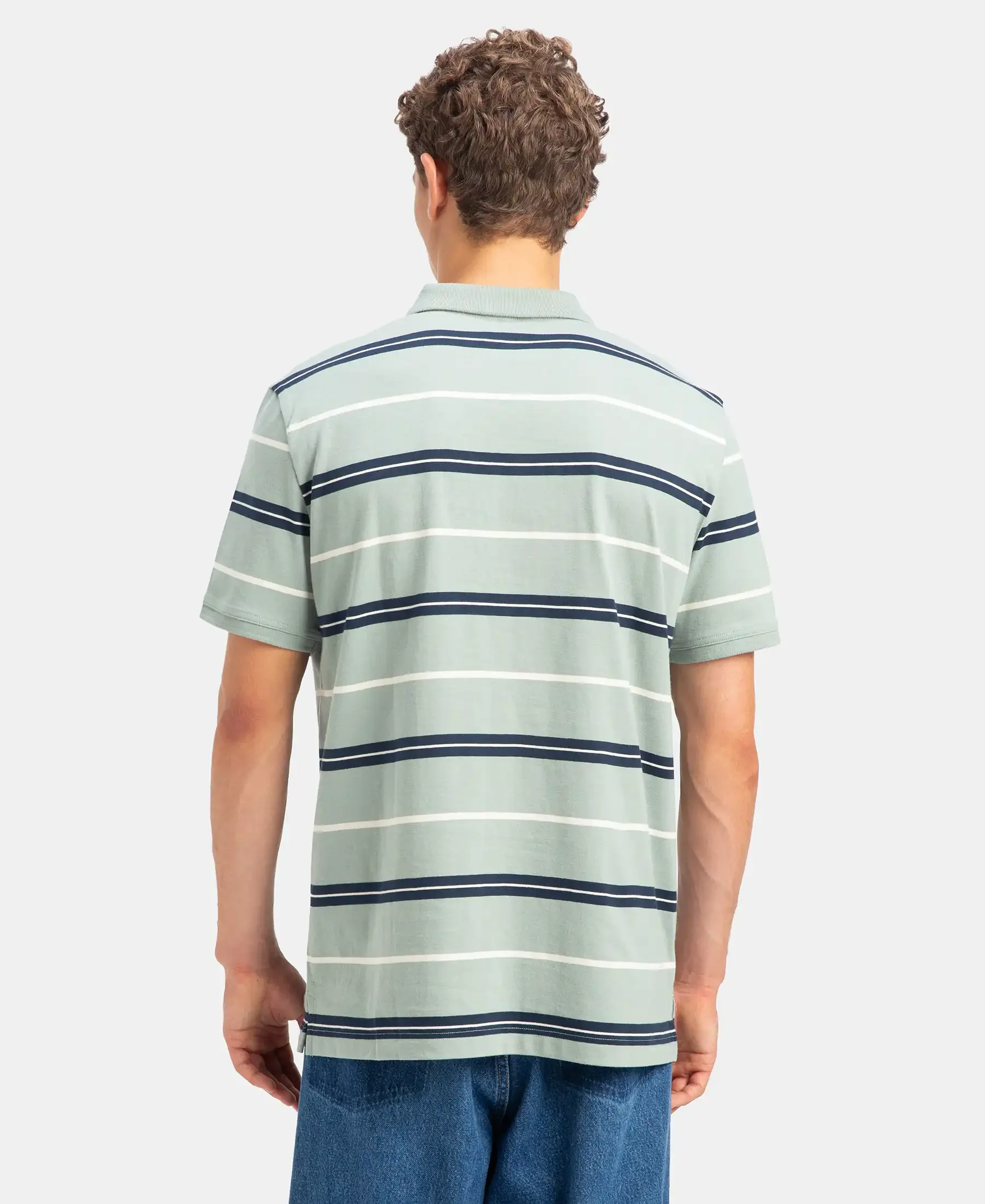 Super Combed Cotton Rich Striped Half Sleeve Polo T-Shirt - Iceberg Green, Navy & Almond - Image 3