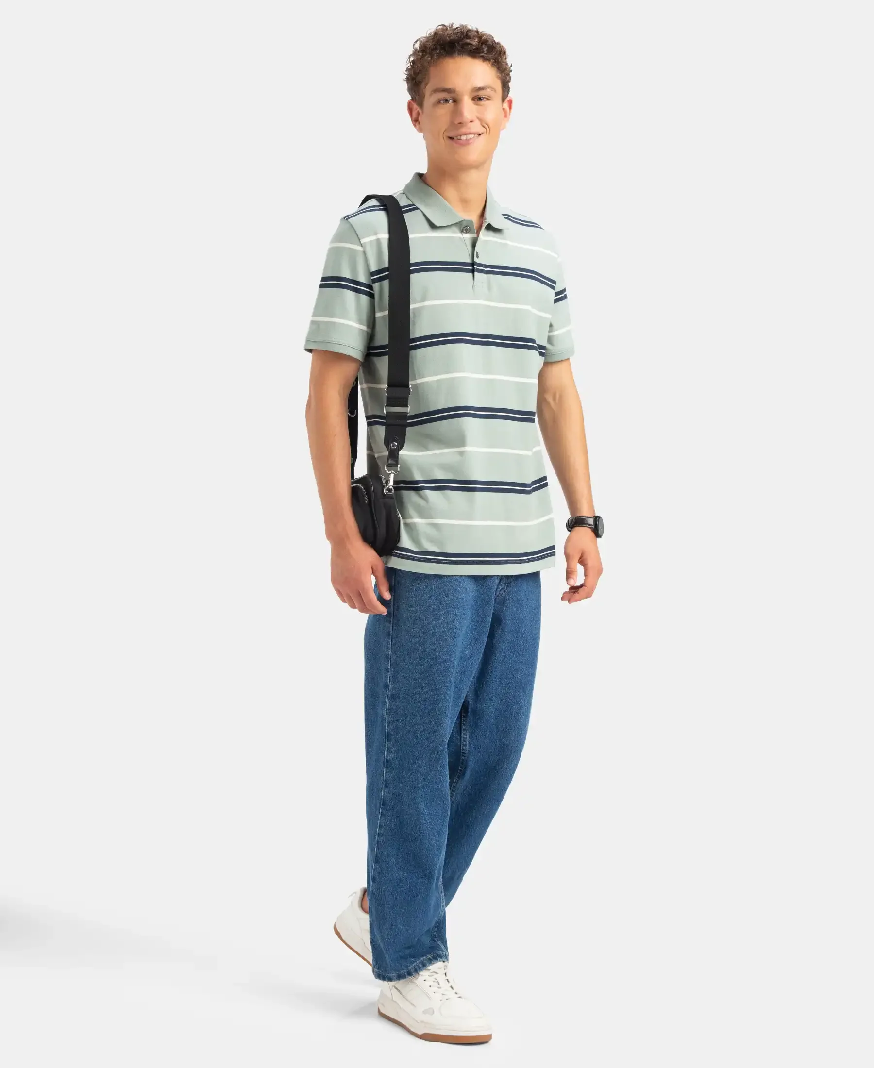 Super Combed Cotton Rich Striped Half Sleeve Polo T-Shirt - Iceberg Green, Navy & Almond - Image 4