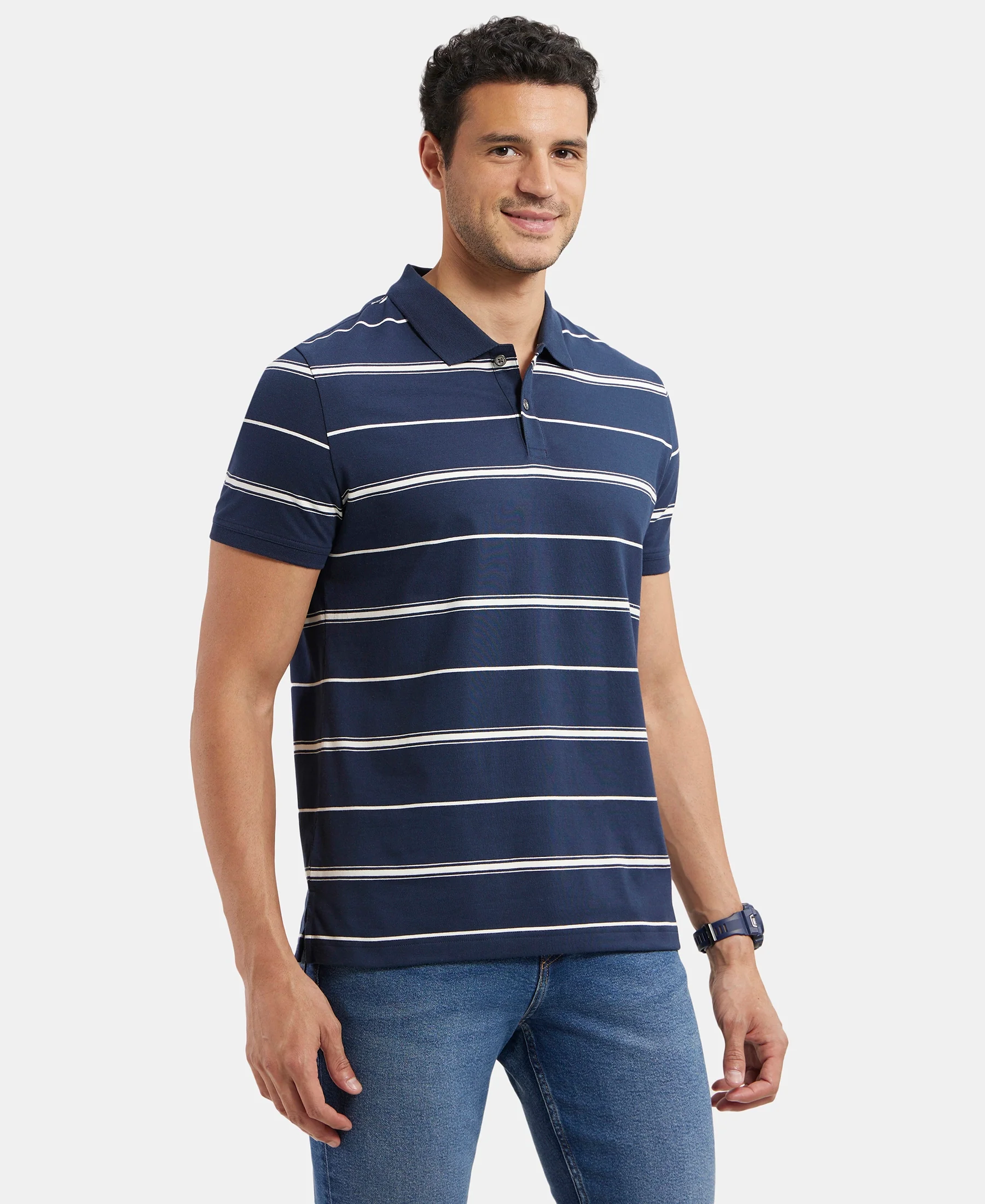 Super Combed Cotton Rich Striped Half Sleeve Polo T-Shirt - Navy & Ecru - Image 2