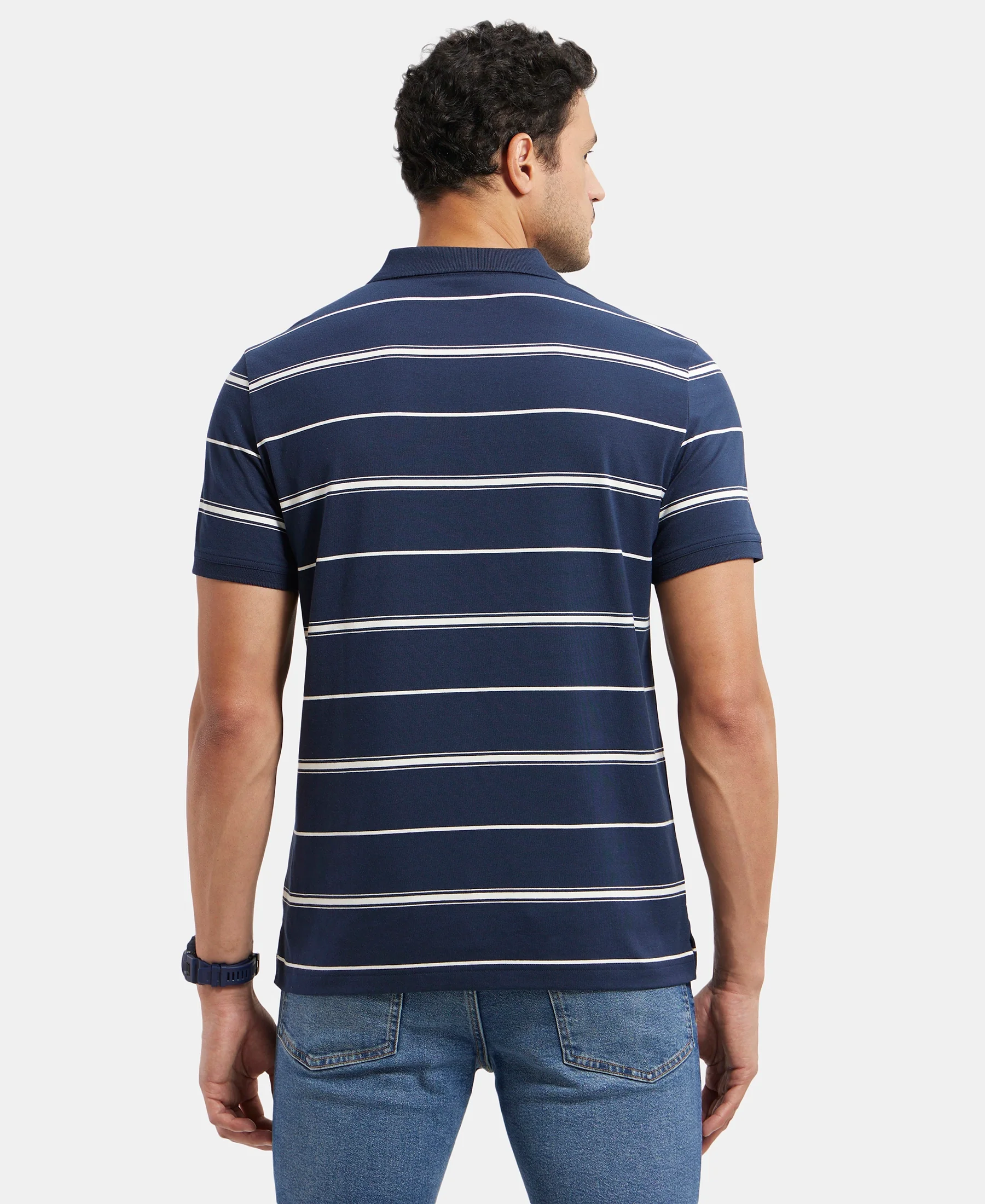 Super Combed Cotton Rich Striped Half Sleeve Polo T-Shirt - Navy & Ecru - Image 3