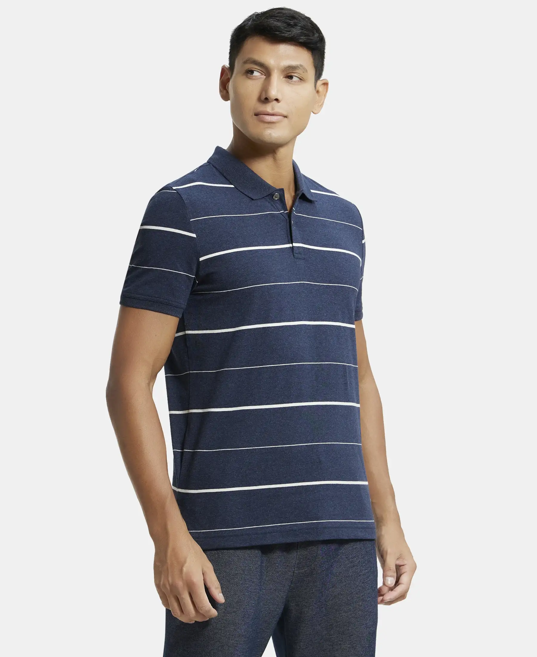 Super Combed Cotton Rich Striped Half Sleeve Polo T-Shirt - Night Sky ground & Ecru - Image 2