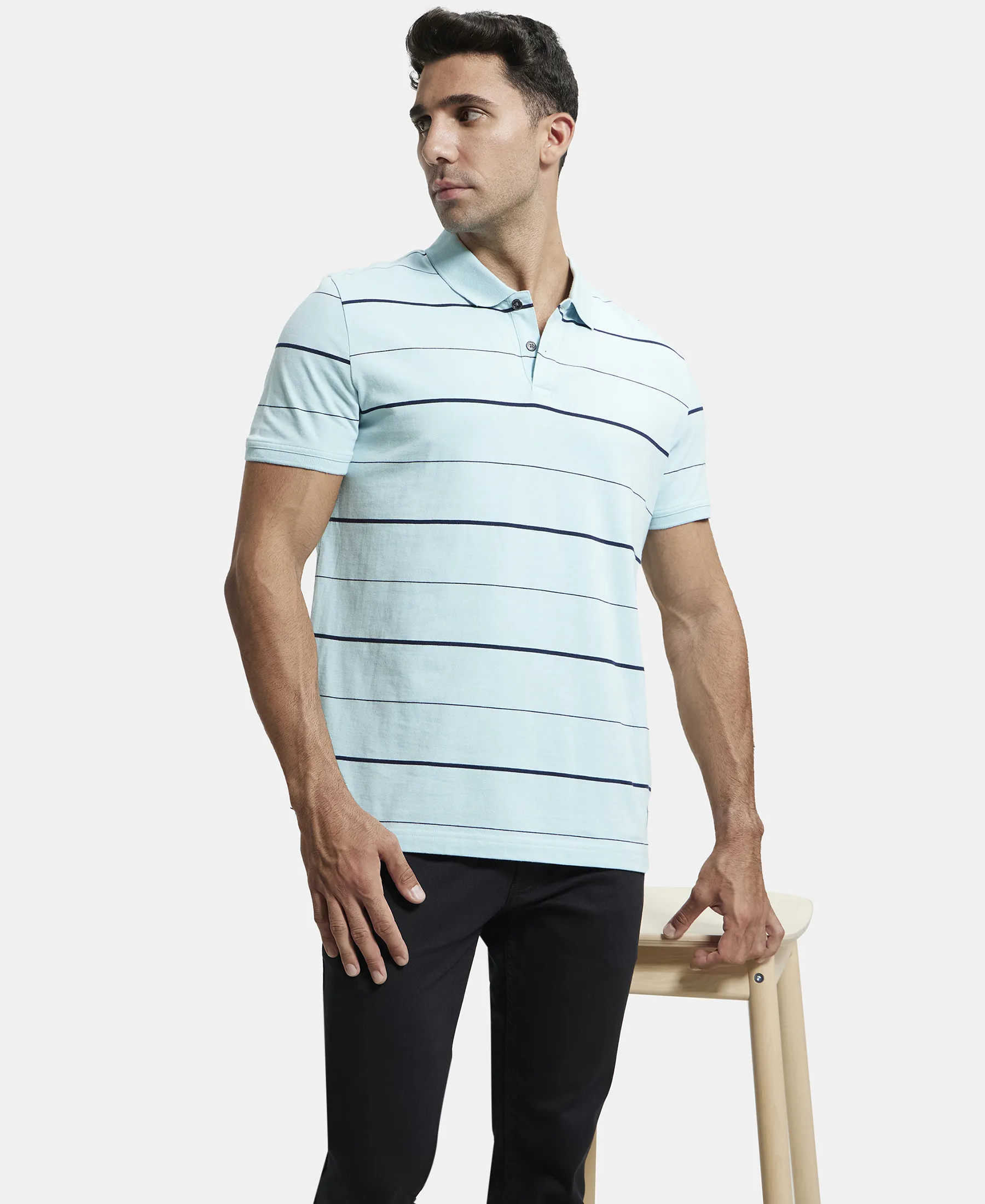 Super Combed Cotton Rich Striped Half Sleeve Polo T-Shirt - Sea Angel & Navy - Image 5