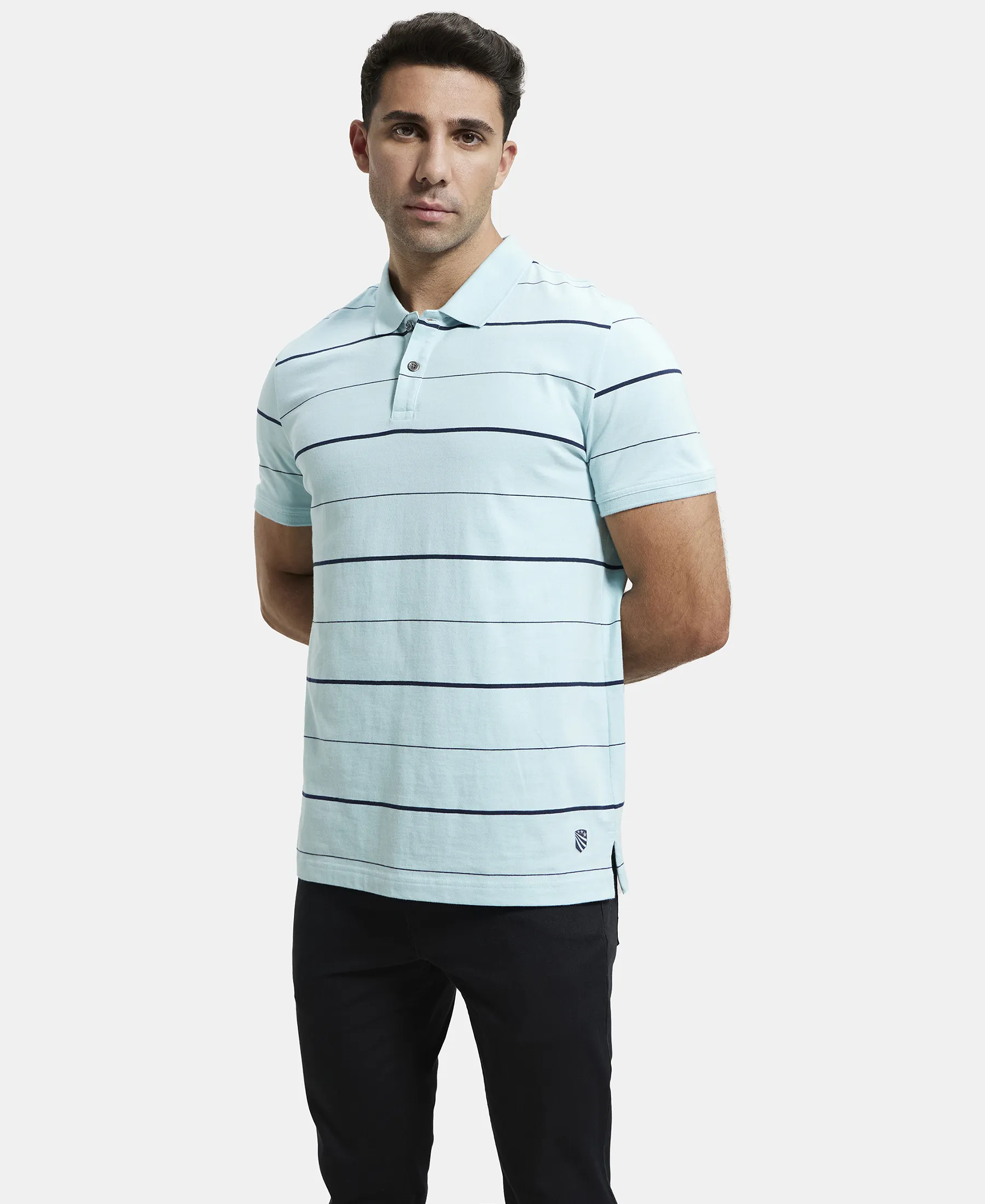 Super Combed Cotton Rich Striped Half Sleeve Polo T-Shirt - Sea Angel & Navy - Image 6