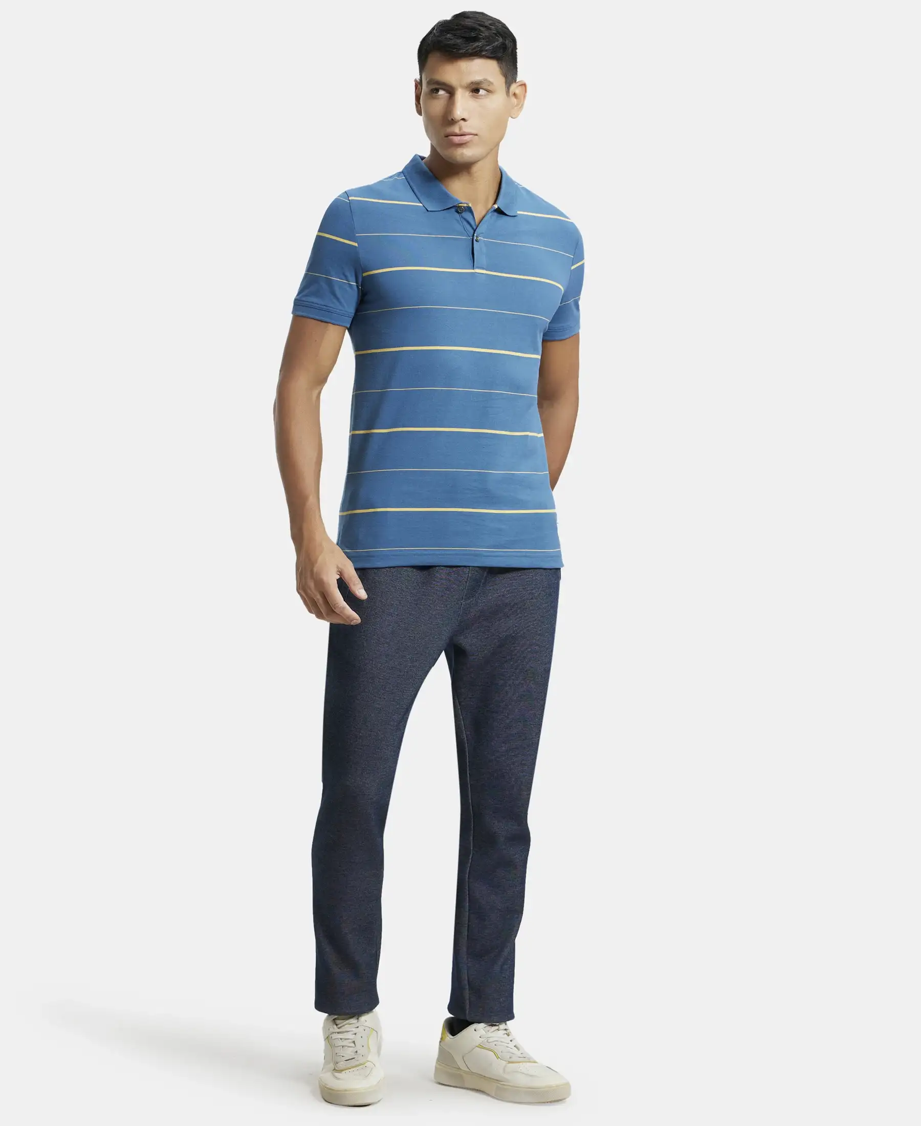 Super Combed Cotton Rich Striped Half Sleeve Polo T-Shirt - Stellar & Corn Silk - Image 4