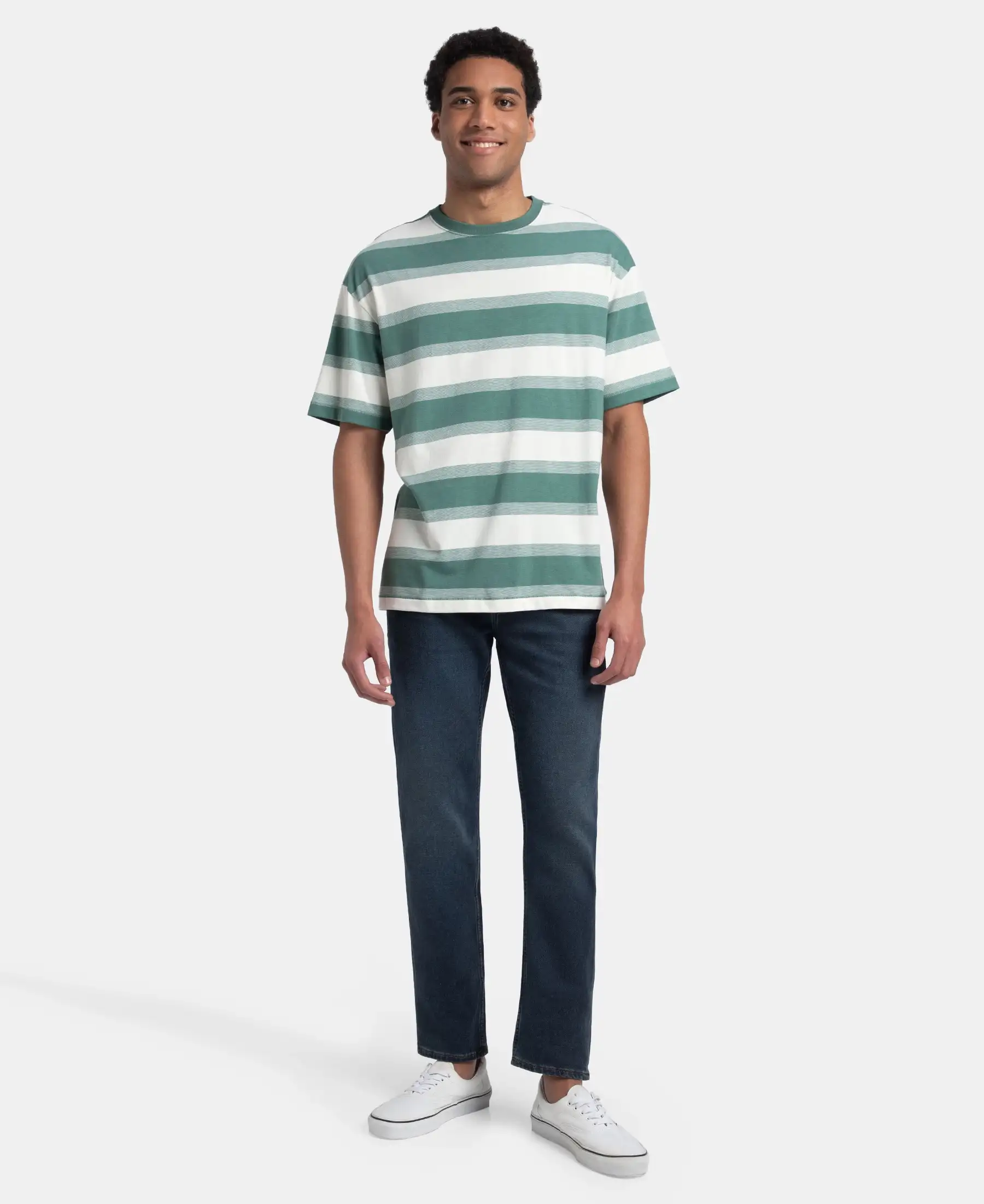 Super Combed Cotton Rich Striped Oversized T-Shirt - Ecru & Green Spruce - Image 4