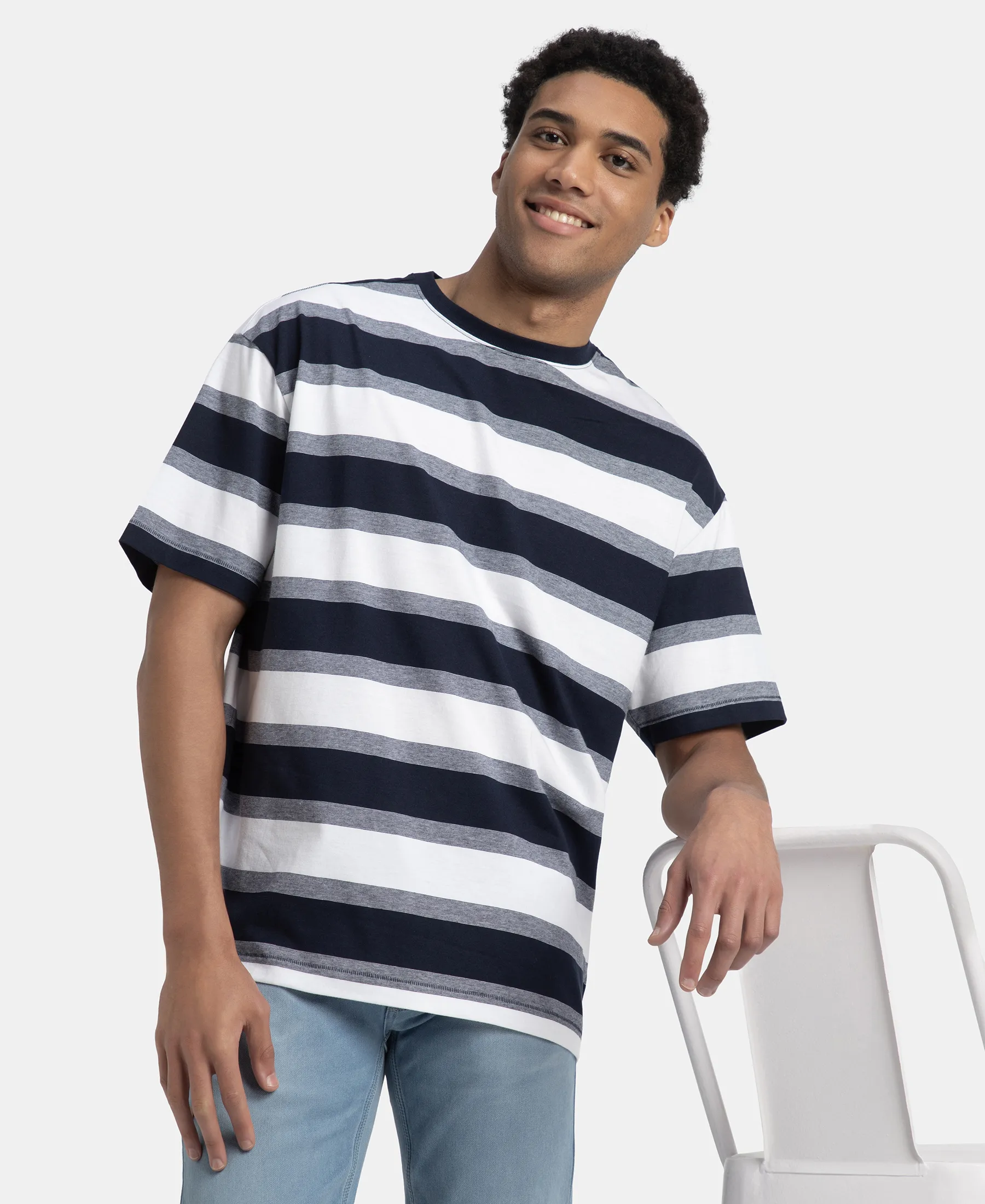 Super Combed Cotton Rich Striped Oversized T-Shirt - White & Navy Melange - Image 5