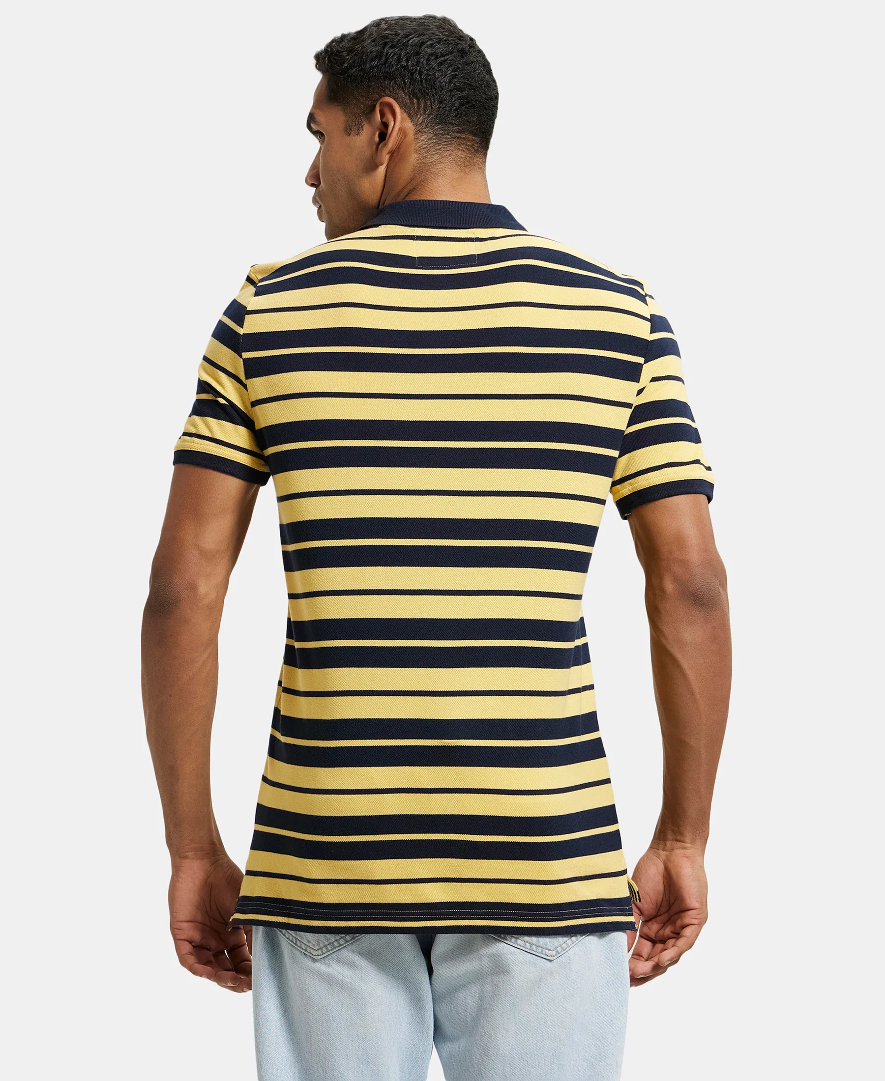 Super Combed Cotton Rich Striped Polo T-Shirt - Corn Silk & Navy - Image 3