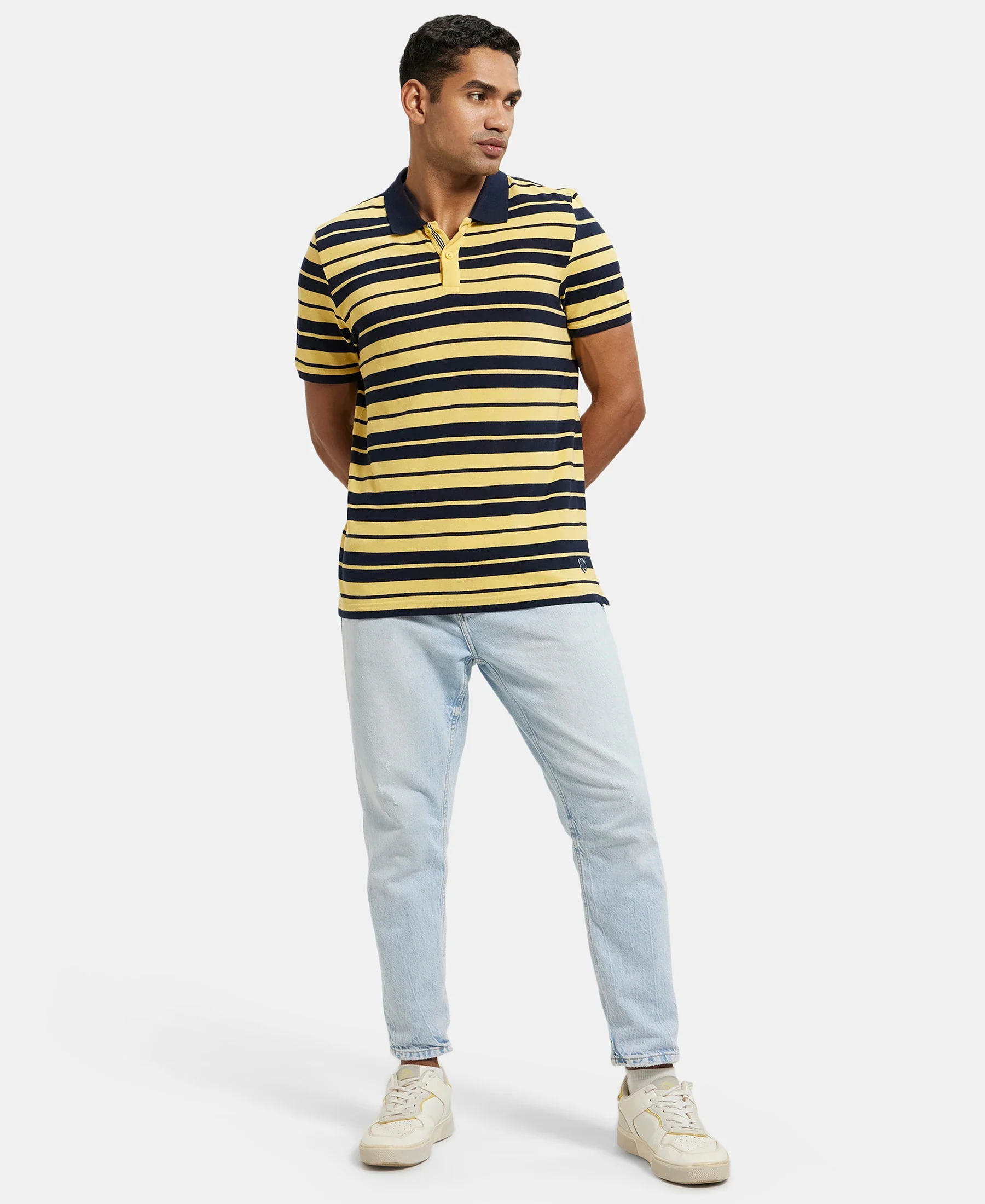Super Combed Cotton Rich Striped Polo T-Shirt - Corn Silk & Navy - Image 4
