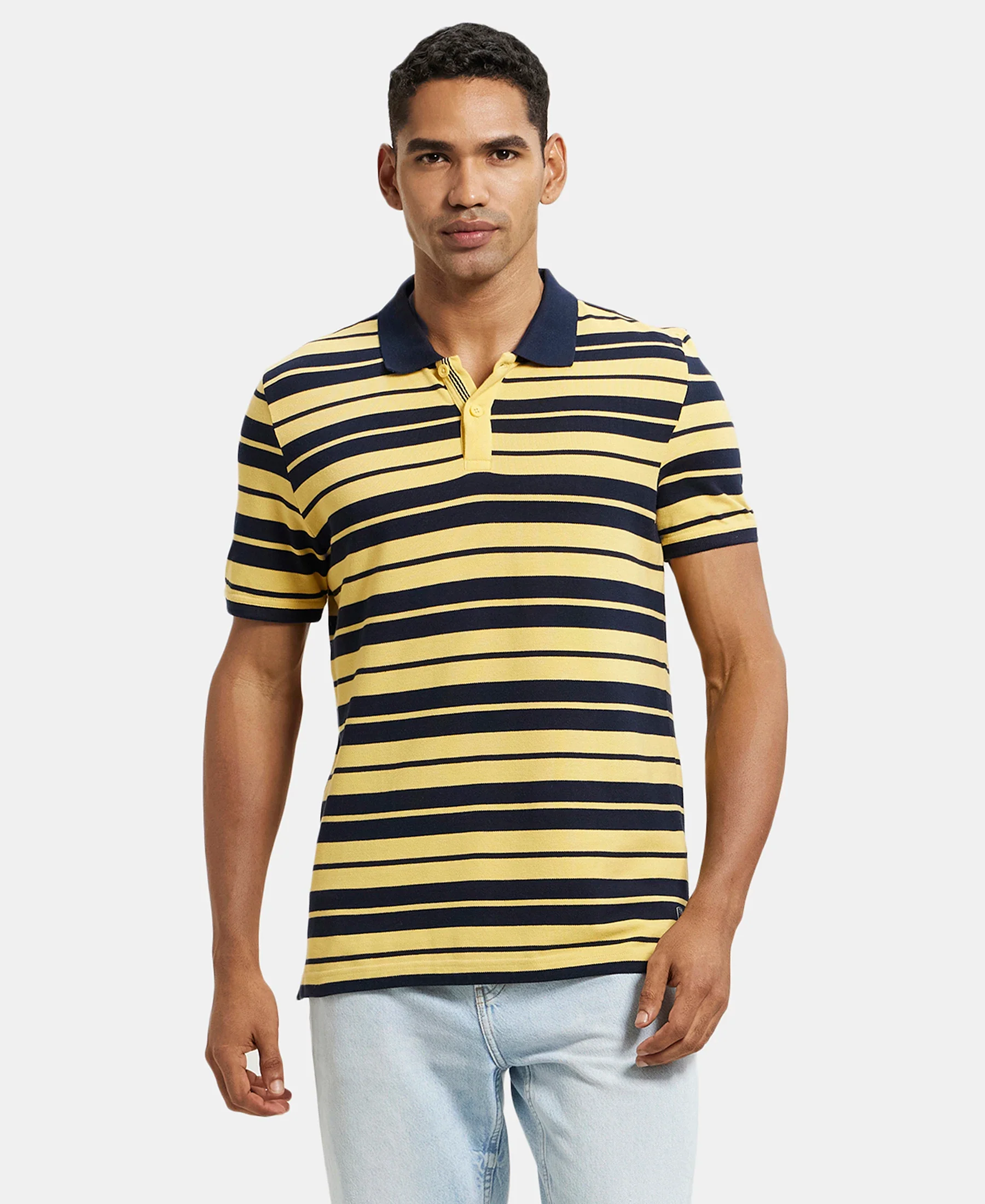 Super Combed Cotton Rich Striped Polo T-Shirt - Corn Silk & Navy - Image 5