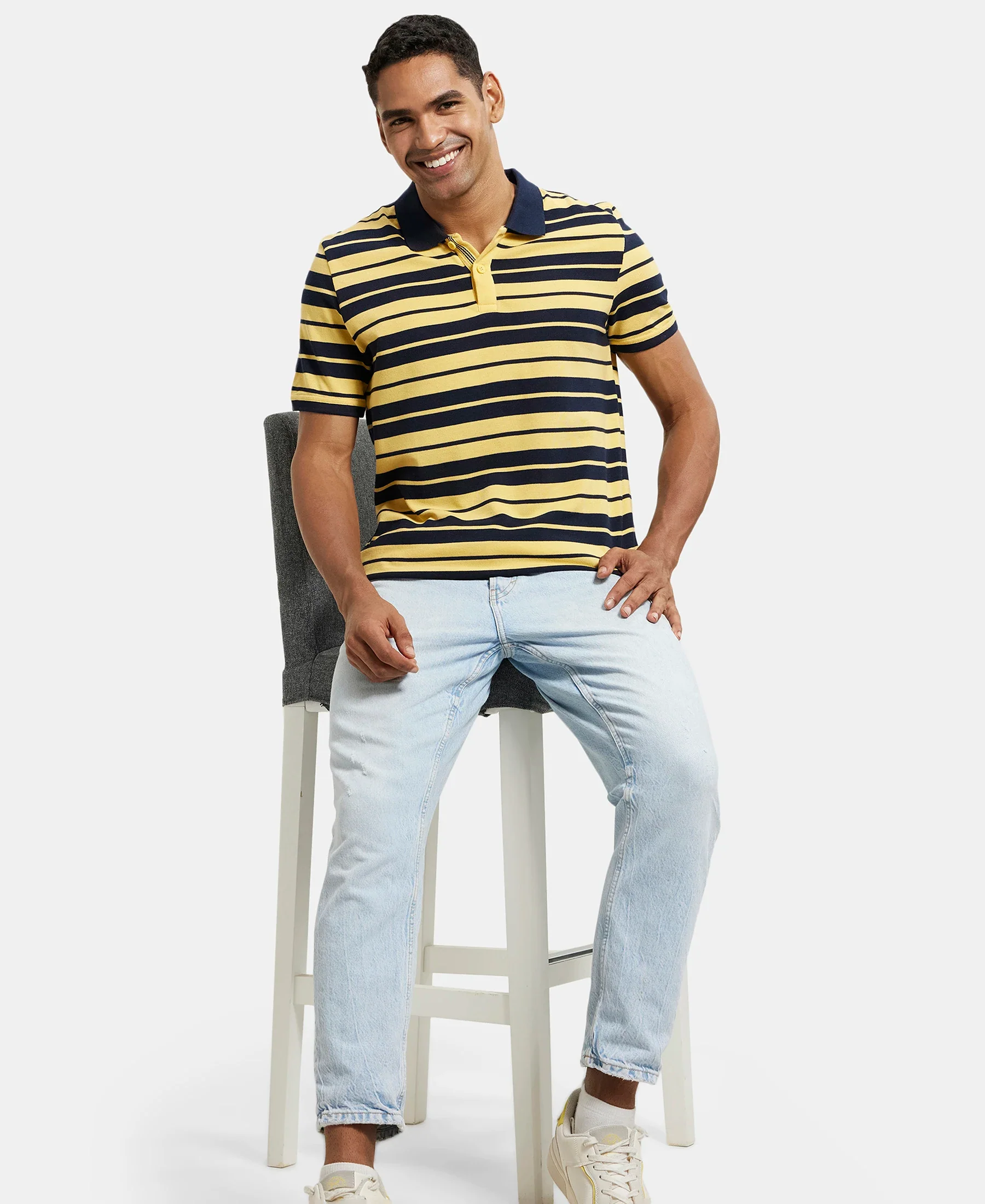 Super Combed Cotton Rich Striped Polo T-Shirt - Corn Silk & Navy - Image 6