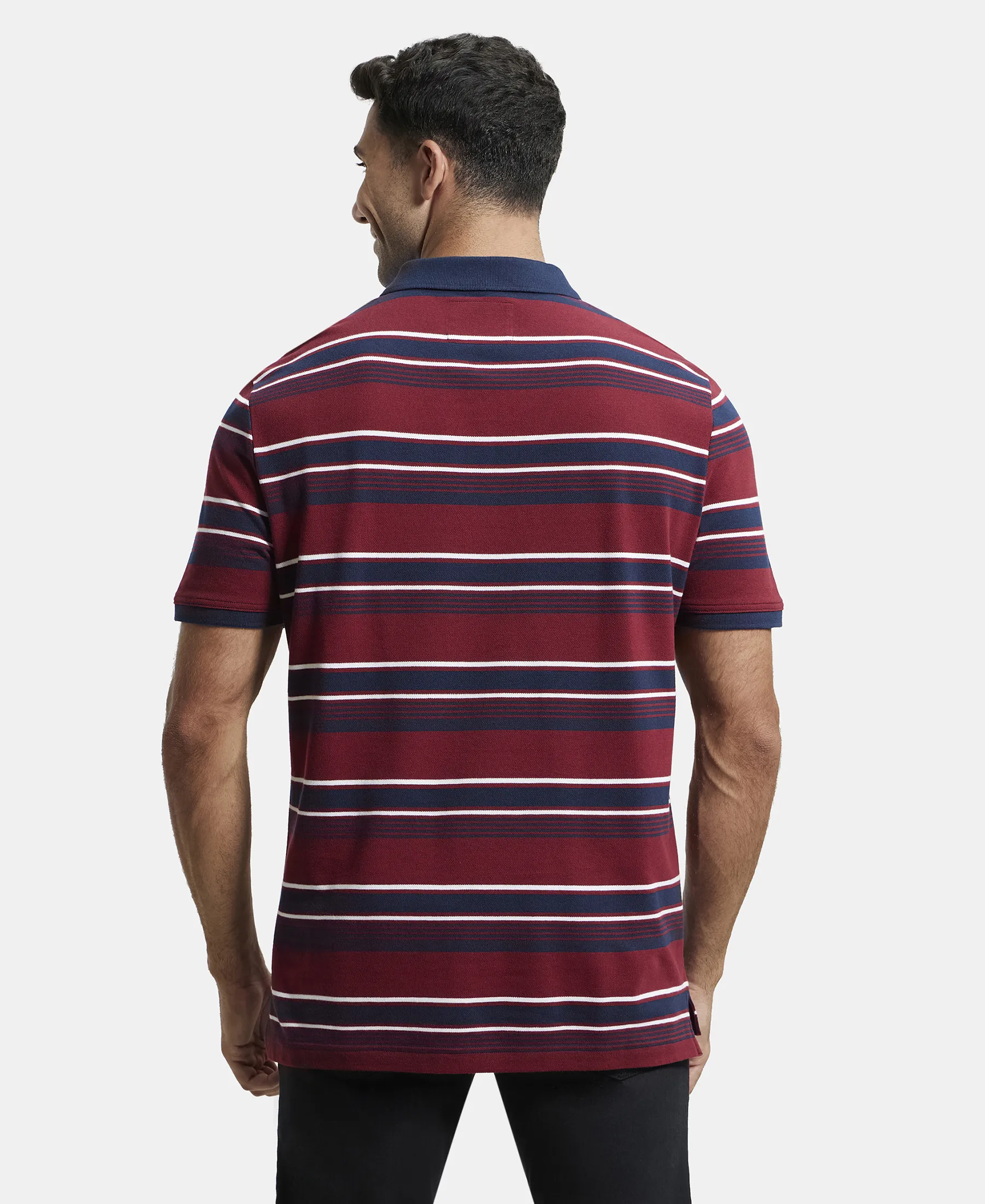 Super Combed Cotton Rich Striped Polo T-Shirt - Deep Red & Navy - Image 3