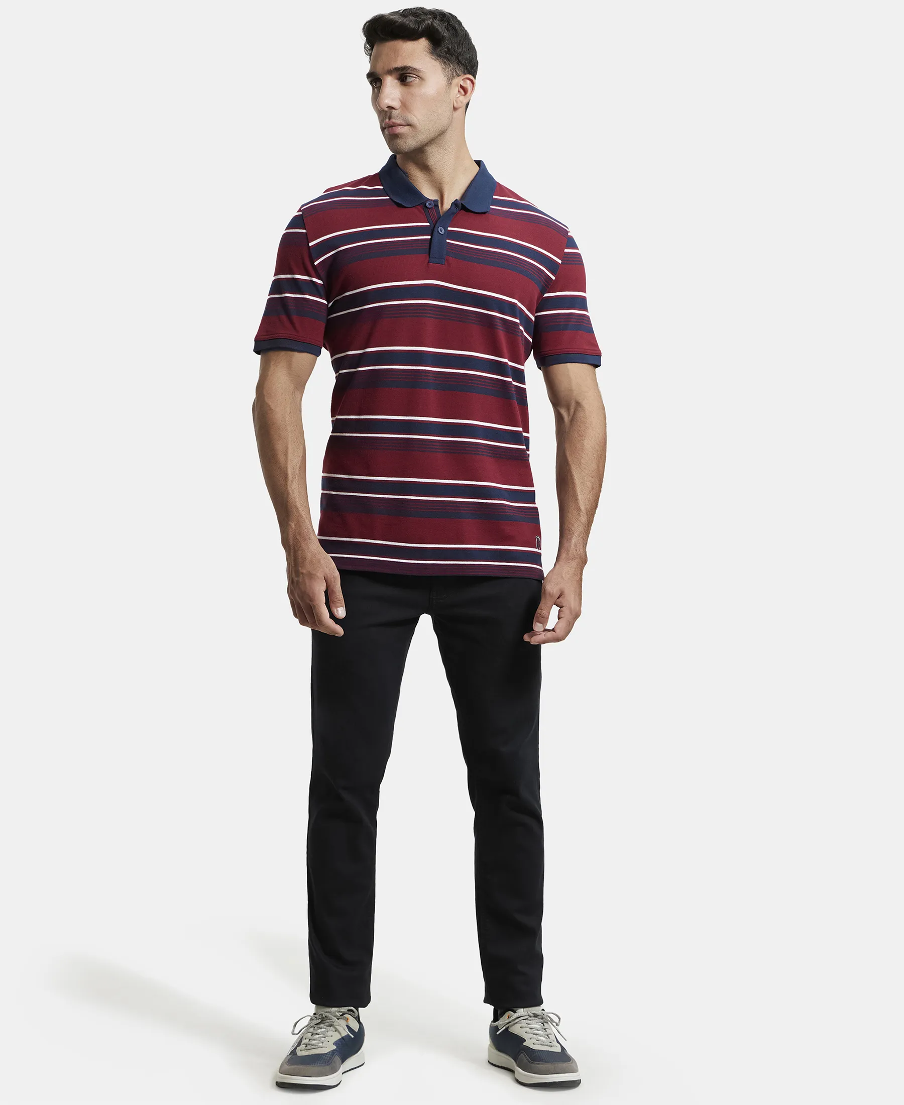 Super Combed Cotton Rich Striped Polo T-Shirt - Deep Red & Navy - Image 4