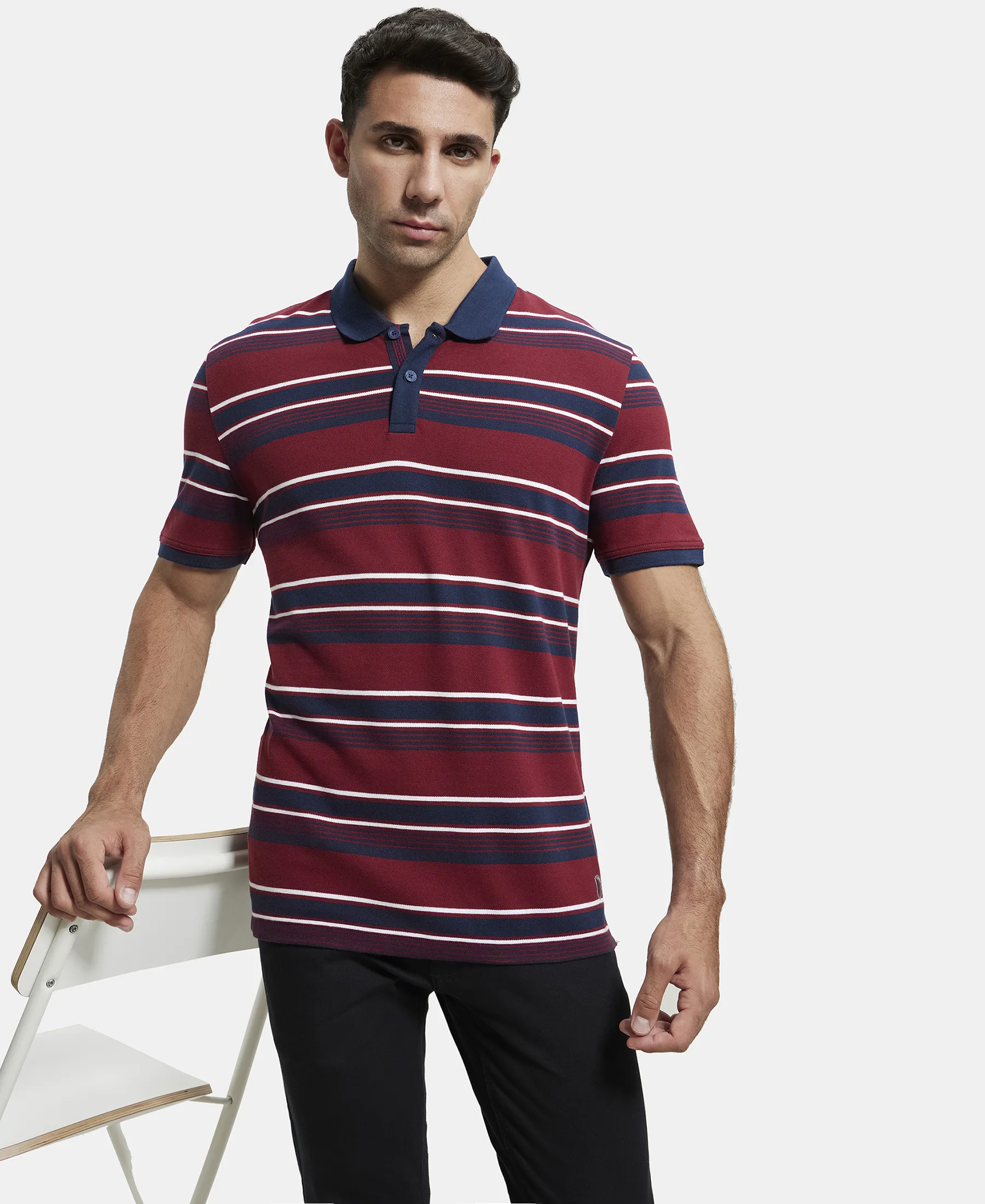 Super Combed Cotton Rich Striped Polo T-Shirt - Deep Red & Navy - Image 5