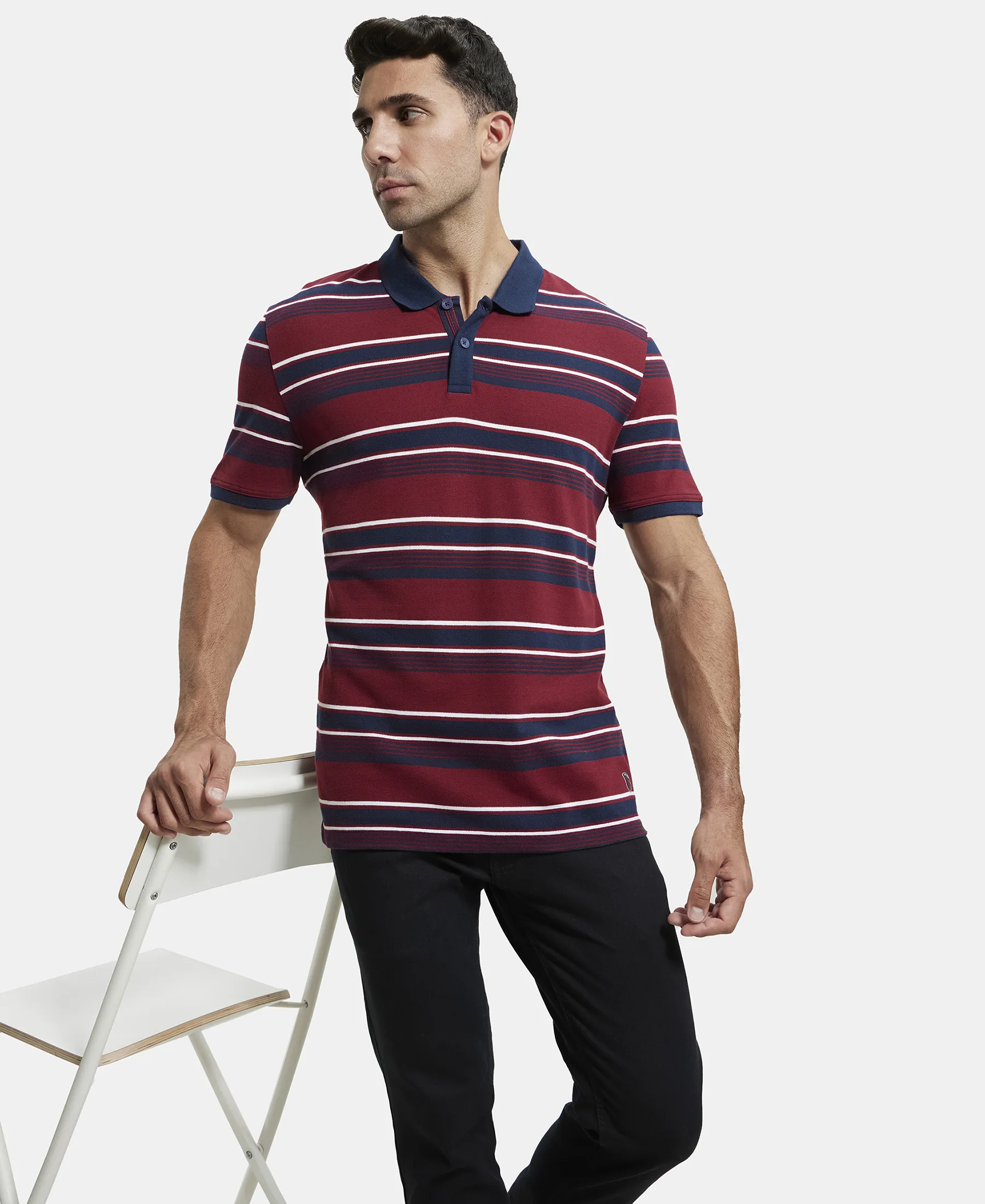 Super Combed Cotton Rich Striped Polo T-Shirt - Deep Red & Navy - Image 6
