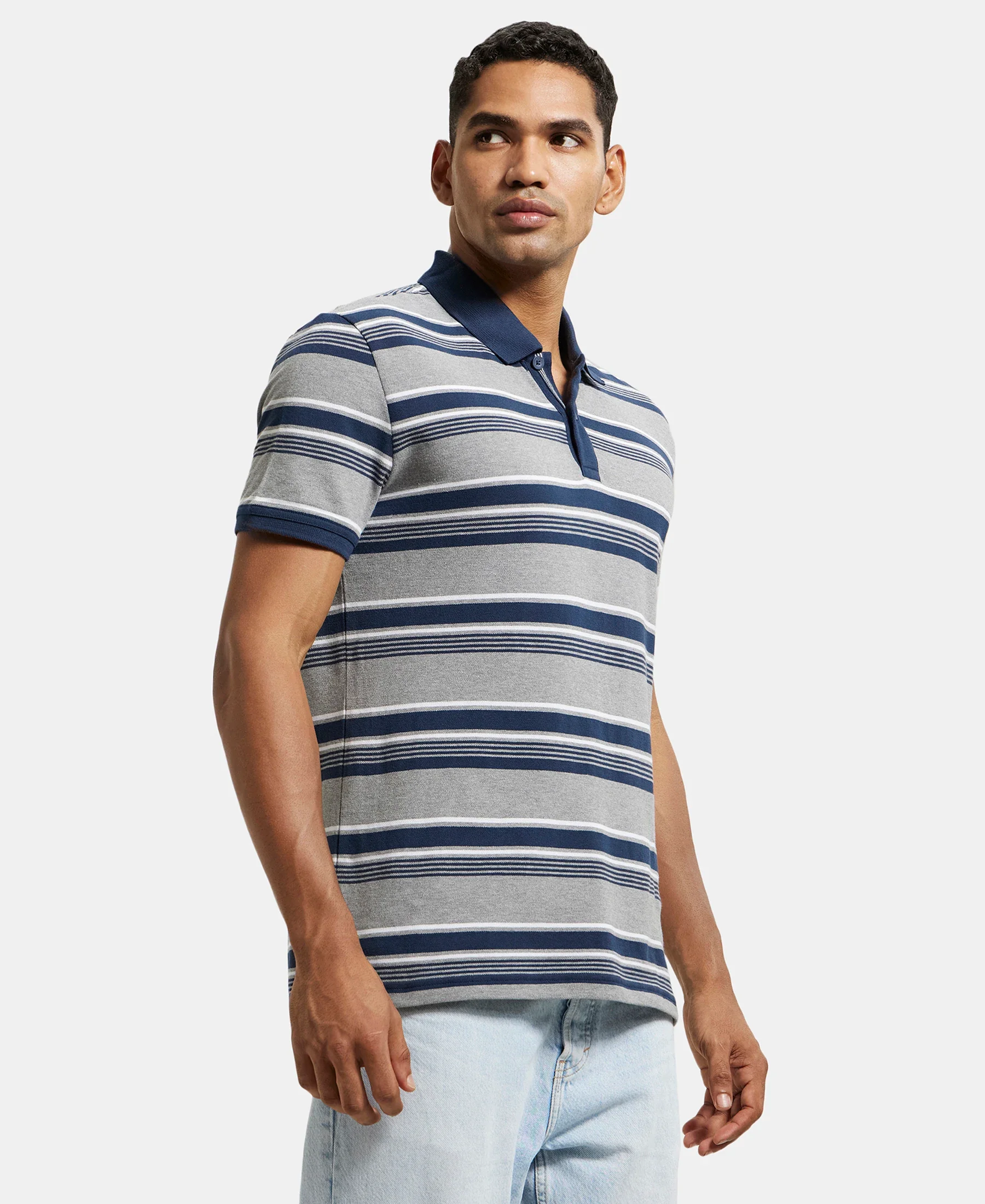 Super Combed Cotton Rich Striped Polo T-Shirt - Grey Melange & Navy - Image 3