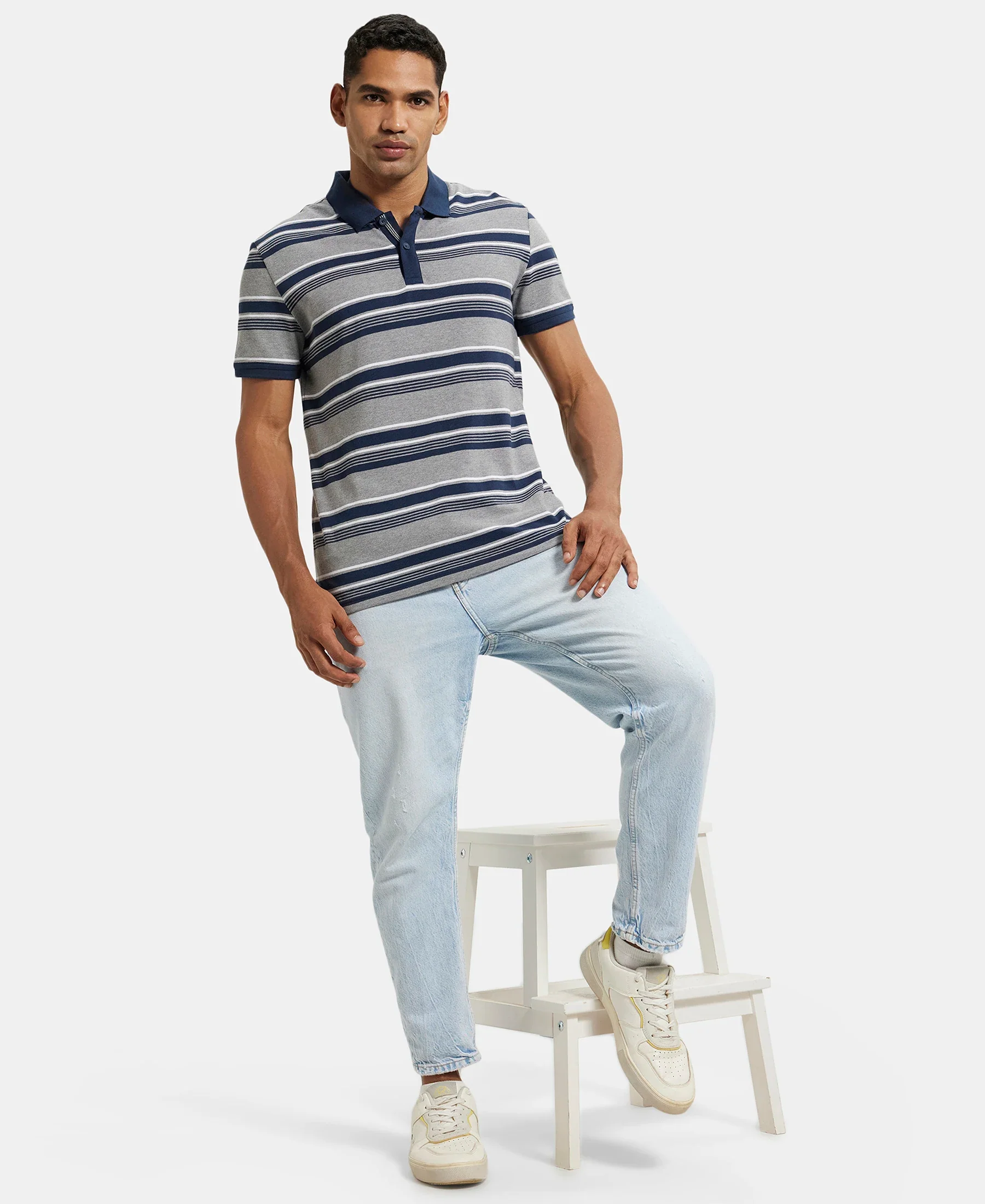 Super Combed Cotton Rich Striped Polo T-Shirt - Grey Melange & Navy - Image 4