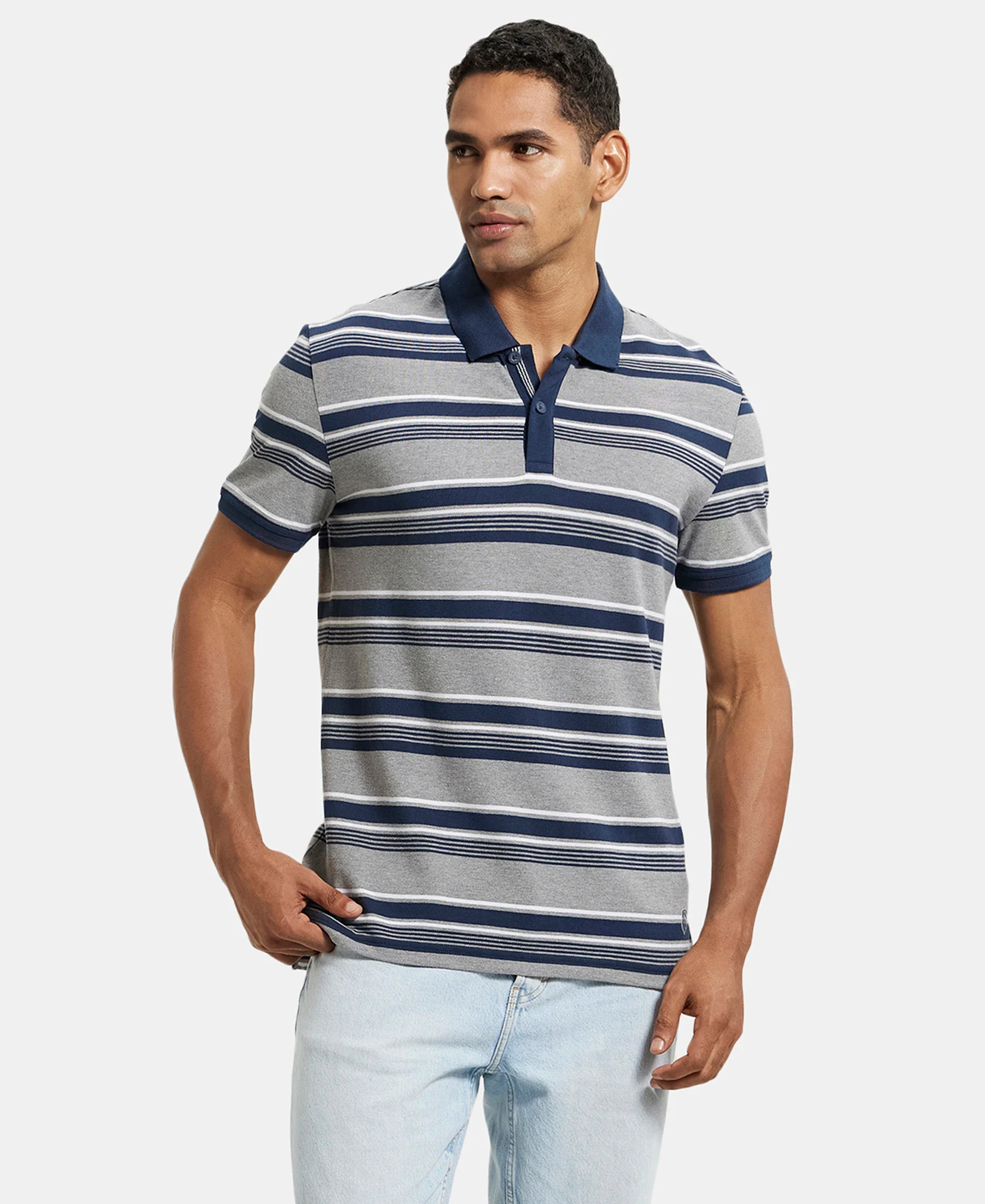 Super Combed Cotton Rich Striped Polo T-Shirt - Grey Melange & Navy - Image 5