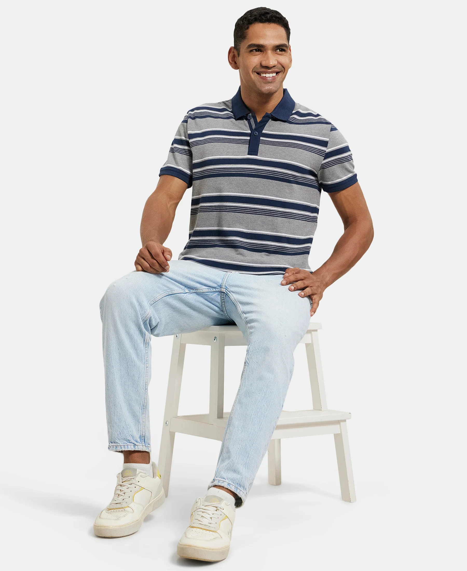 Super Combed Cotton Rich Striped Polo T-Shirt - Grey Melange & Navy - Image 6