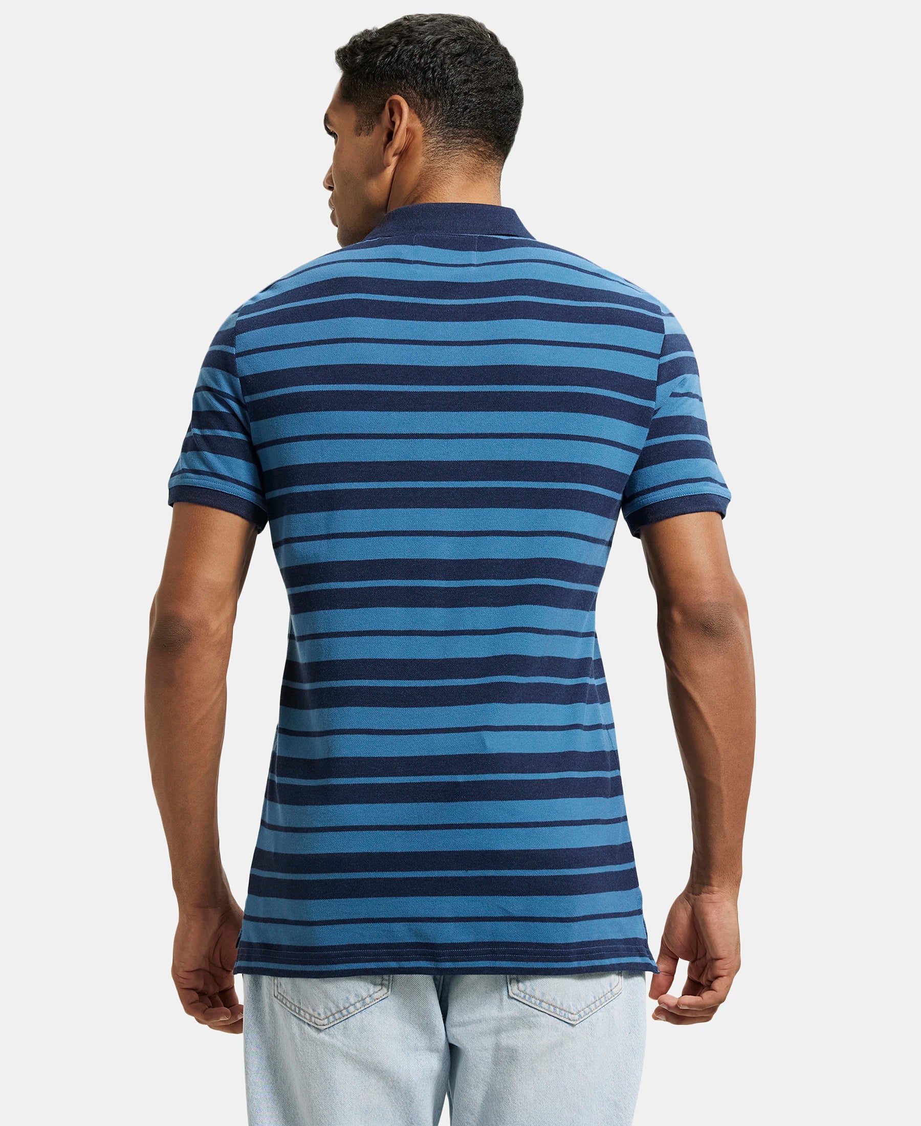 Super Combed Cotton Rich Striped Polo T-Shirt - Stellar & Navy Melange - Image 3