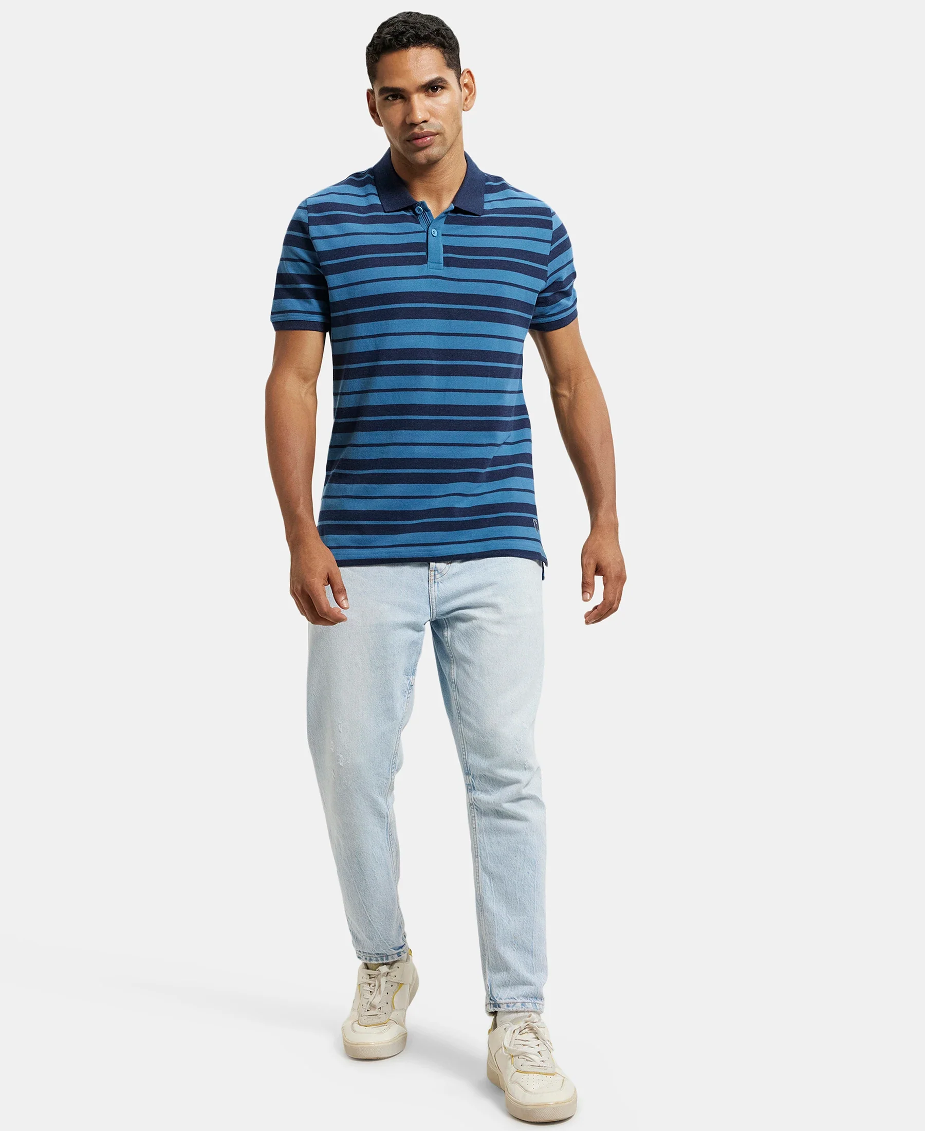 Super Combed Cotton Rich Striped Polo T-Shirt - Stellar & Navy Melange - Image 4
