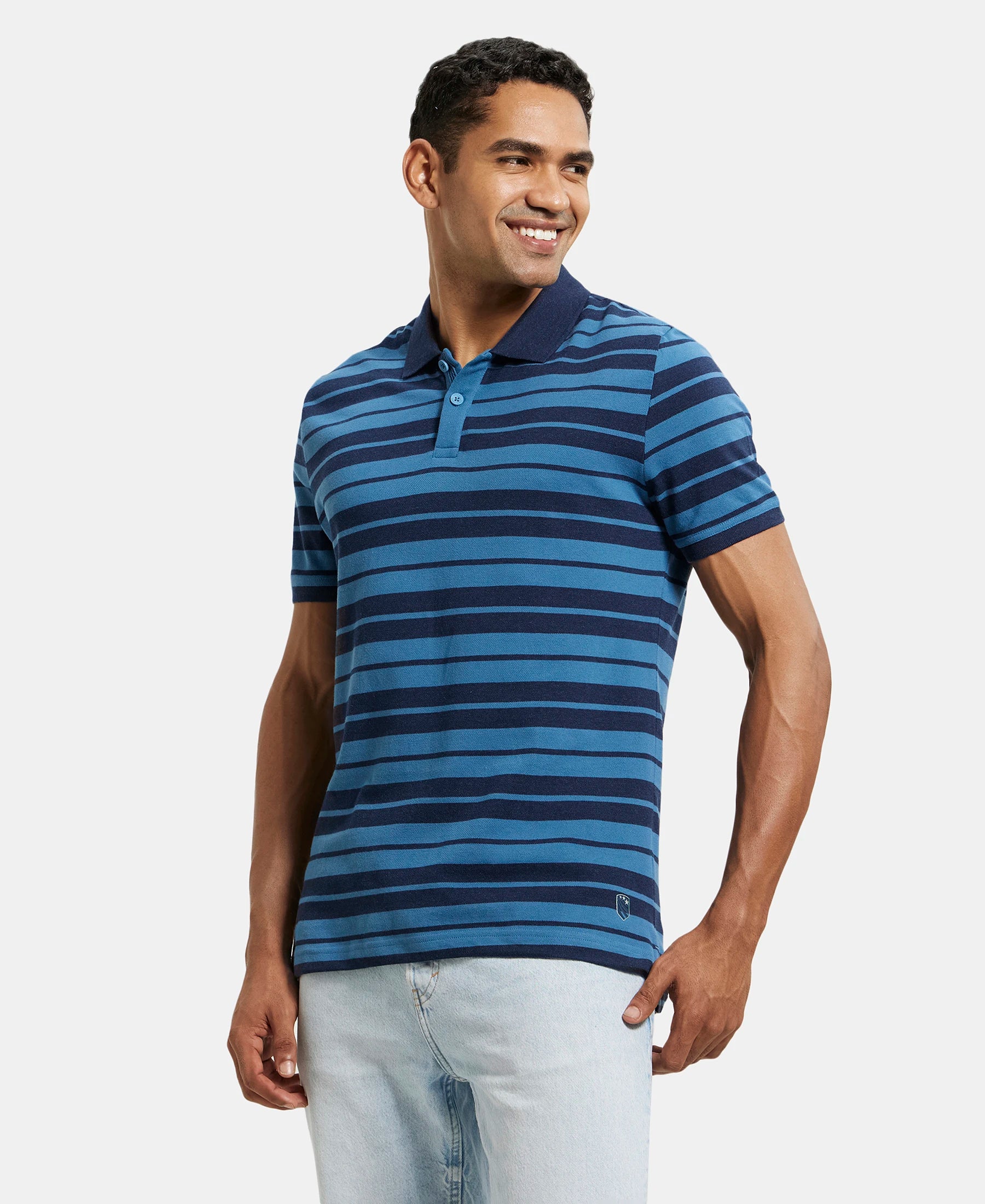 Super Combed Cotton Rich Striped Polo T-Shirt - Stellar & Navy Melange - Image 5
