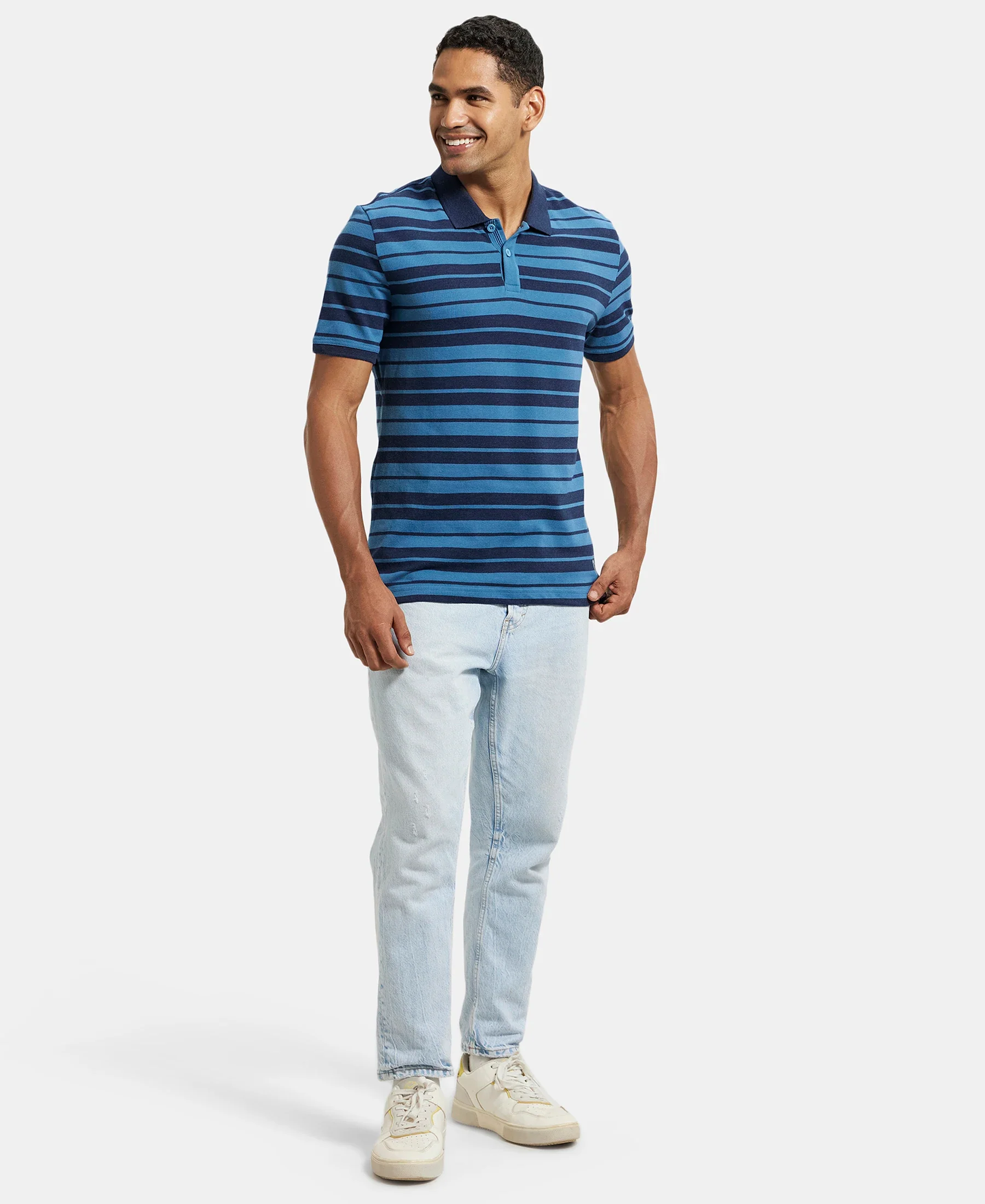 Super Combed Cotton Rich Striped Polo T-Shirt - Stellar & Navy Melange - Image 6
