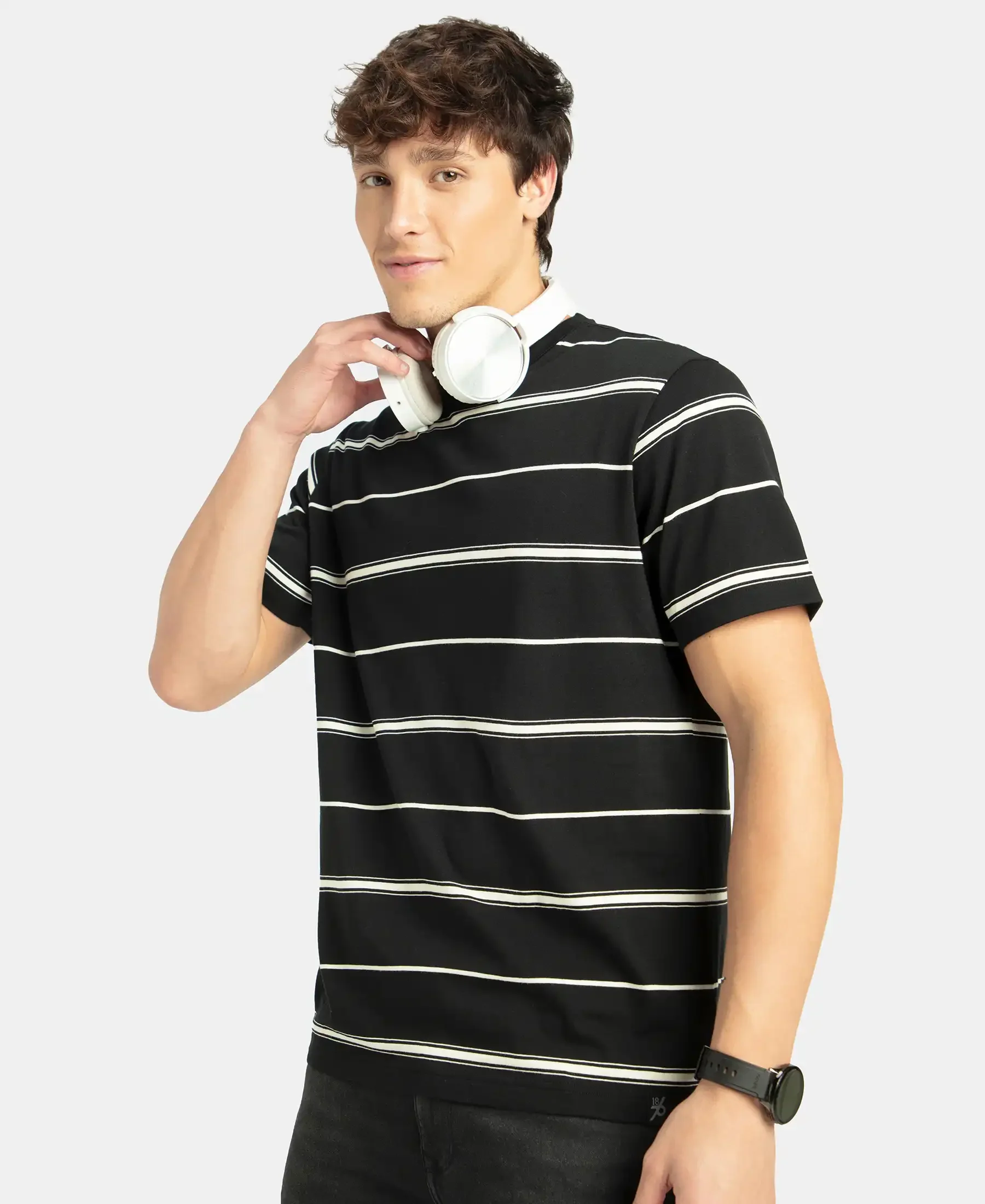 Super Combed Cotton Rich Striped Round Neck Half Sleeve T-Shirt - Black & Ecru - Image 5