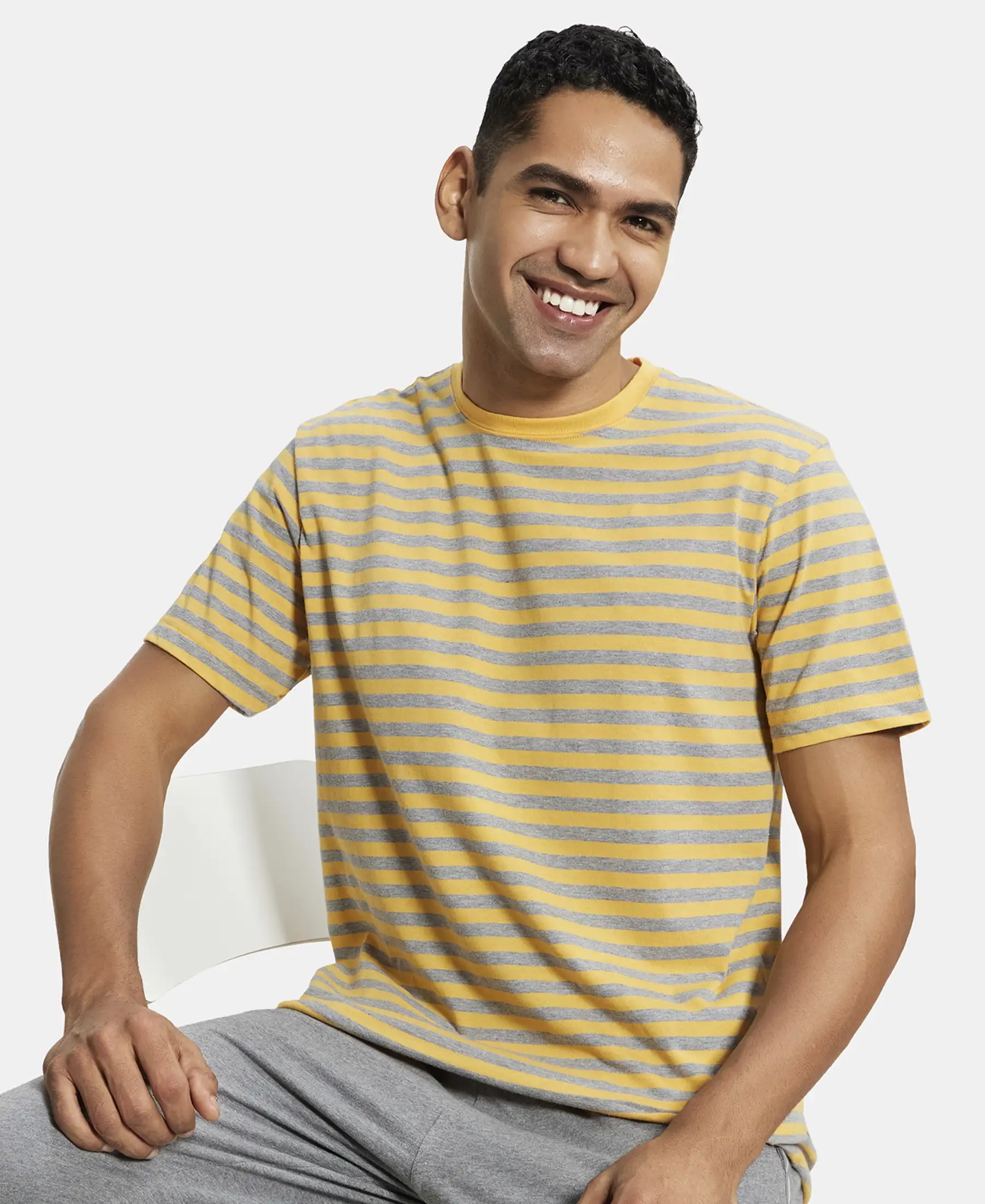 Super Combed Cotton Rich Striped Round Neck Half Sleeve T-Shirt - Burnt Gold & Grey - Image 5