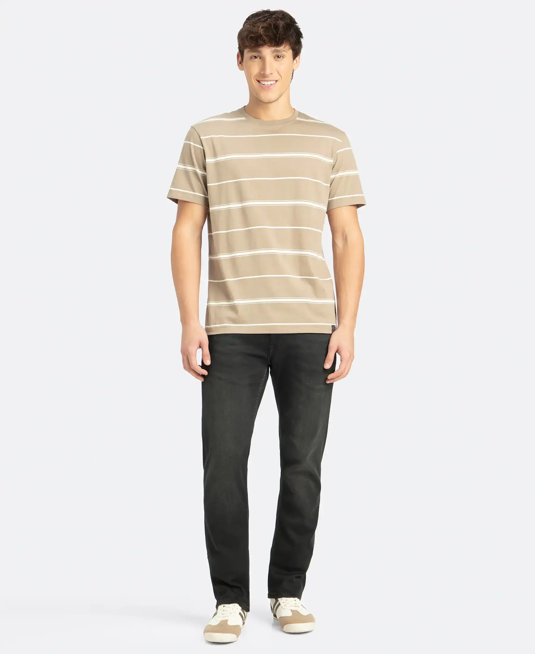 Super Combed Cotton Rich Striped Round Neck Half Sleeve T-Shirt - Desert Taupe & Ecru - Image 4