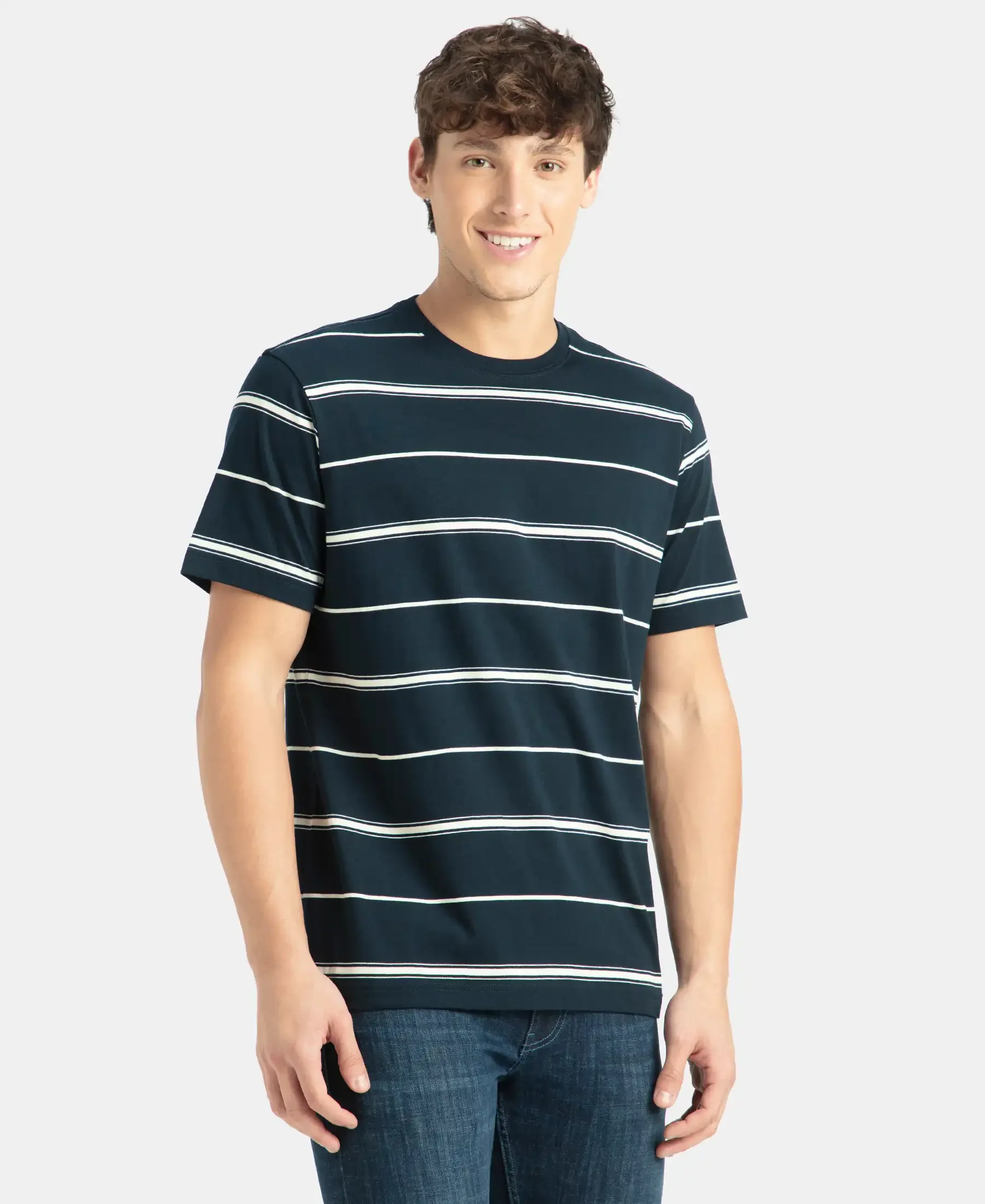 Super Combed Cotton Rich Striped Round Neck Half Sleeve T-Shirt - Navy & Ecru - Image 2