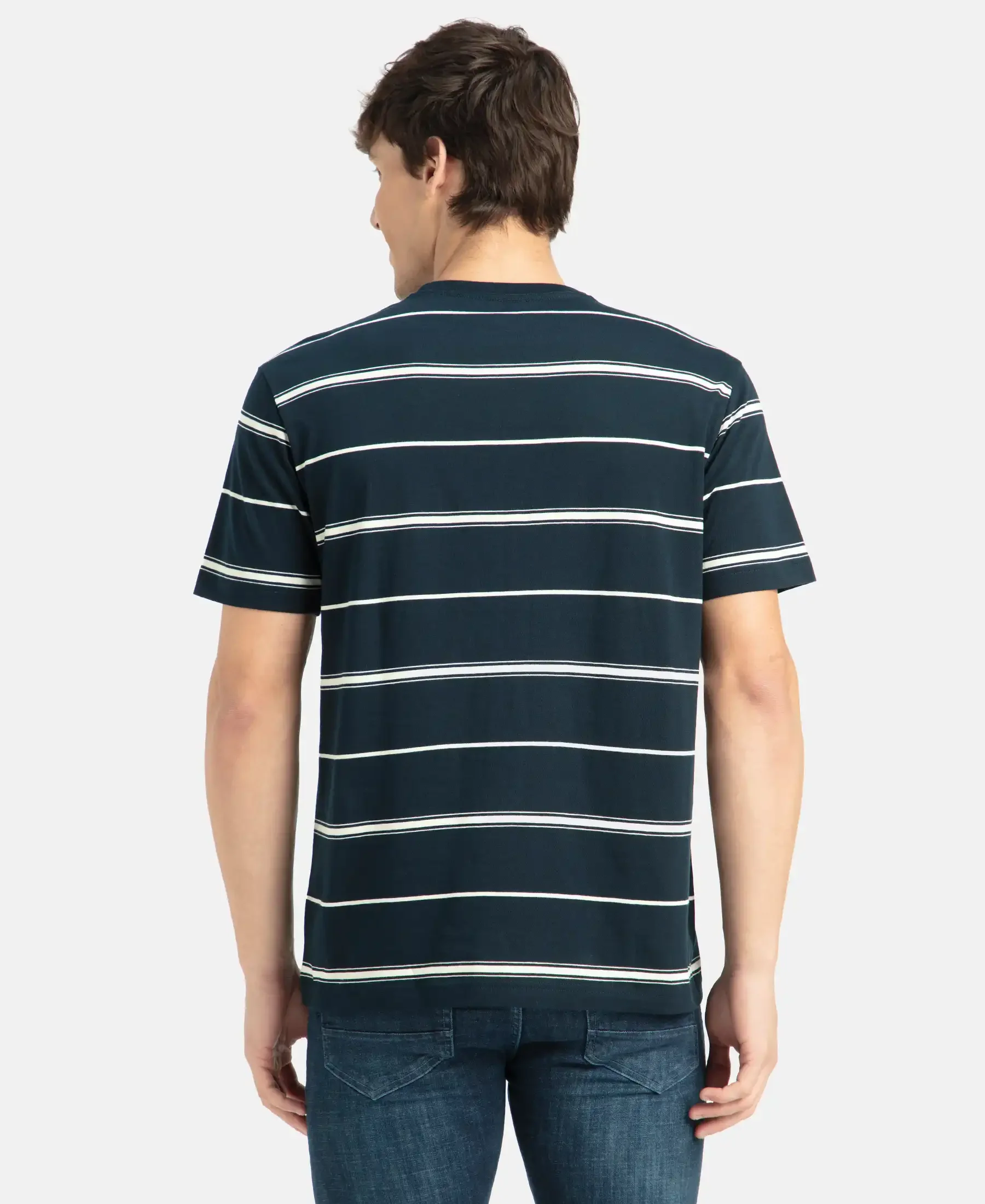 Super Combed Cotton Rich Striped Round Neck Half Sleeve T-Shirt - Navy & Ecru - Image 3