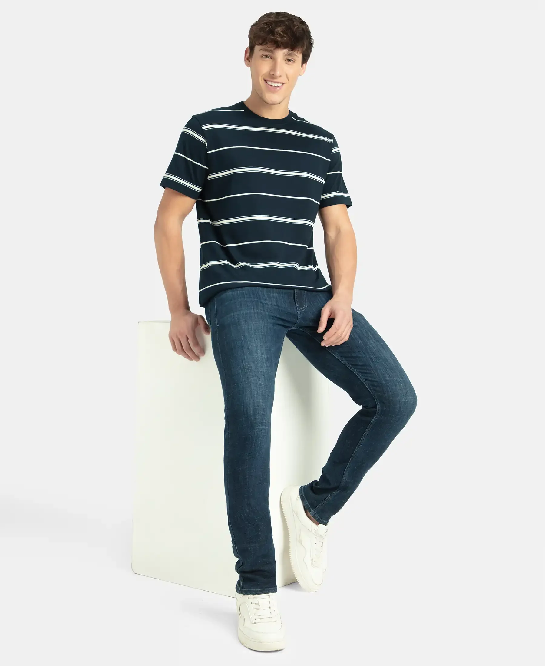 Super Combed Cotton Rich Striped Round Neck Half Sleeve T-Shirt - Navy & Ecru - Image 4