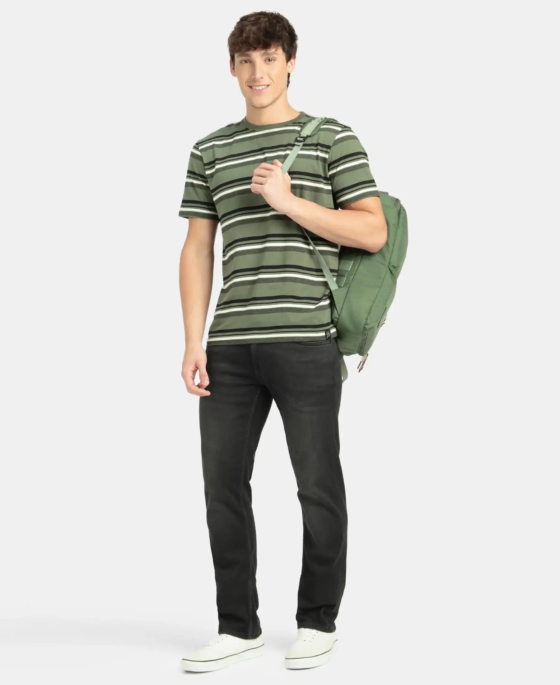 Super Combed Cotton Rich Striped Round Neck Half Sleeve T-Shirt - Thyme, Ecru & Black - Image 6