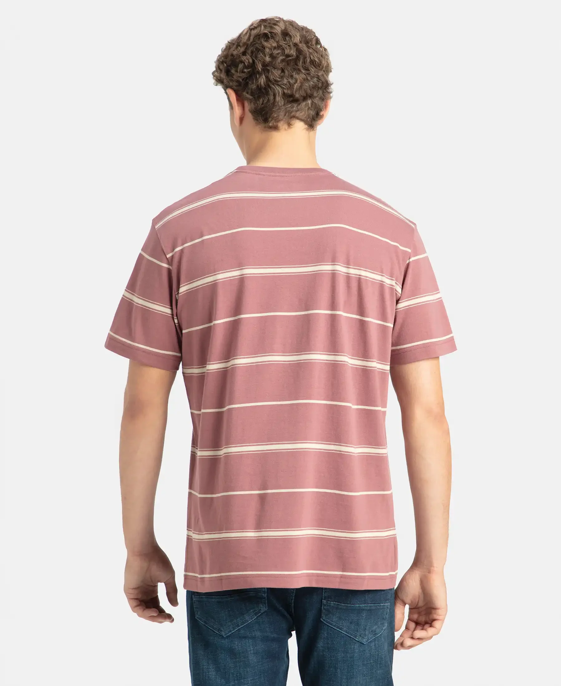 Super Combed Cotton Rich Striped Round Neck Half Sleeve T-Shirt - Wild Ginger & Ecru - Image 3