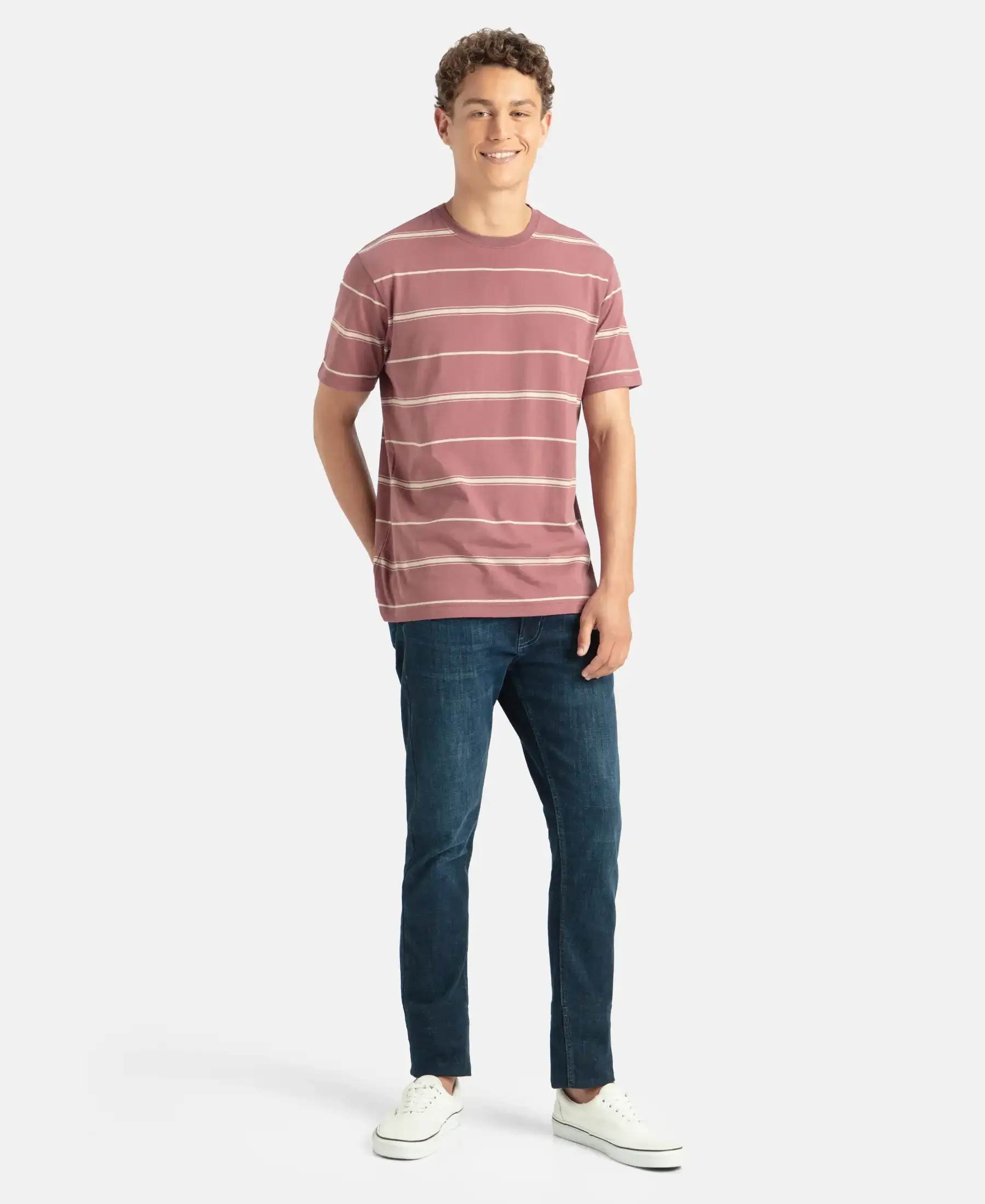 Super Combed Cotton Rich Striped Round Neck Half Sleeve T-Shirt - Wild Ginger & Ecru - Image 4