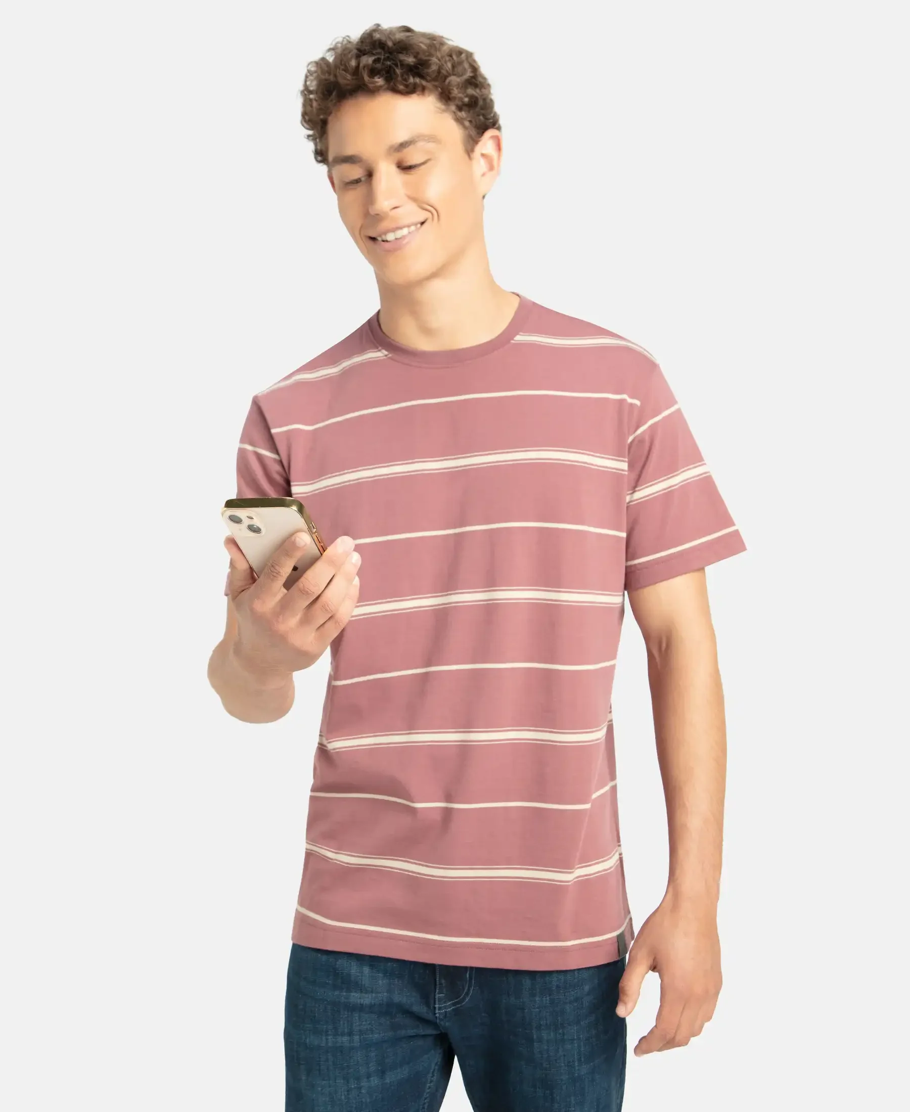 Super Combed Cotton Rich Striped Round Neck Half Sleeve T-Shirt - Wild Ginger & Ecru - Image 5