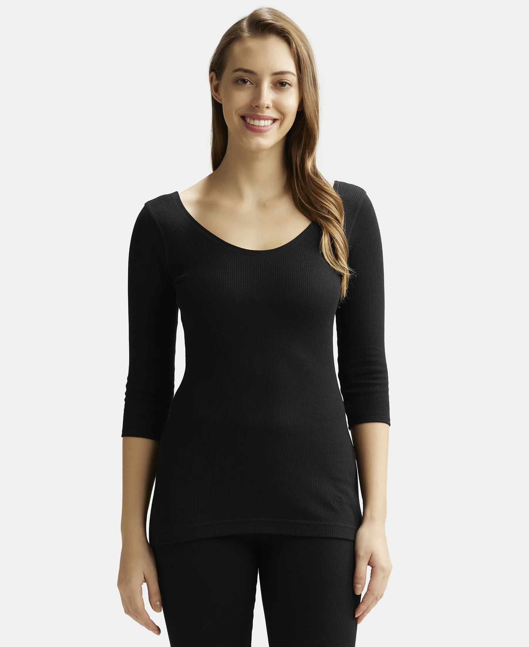 Extra Warmth Super Combed Cotton Rich Three Quarter Sleeve Thermal Top with StayWarm Technology - Black
