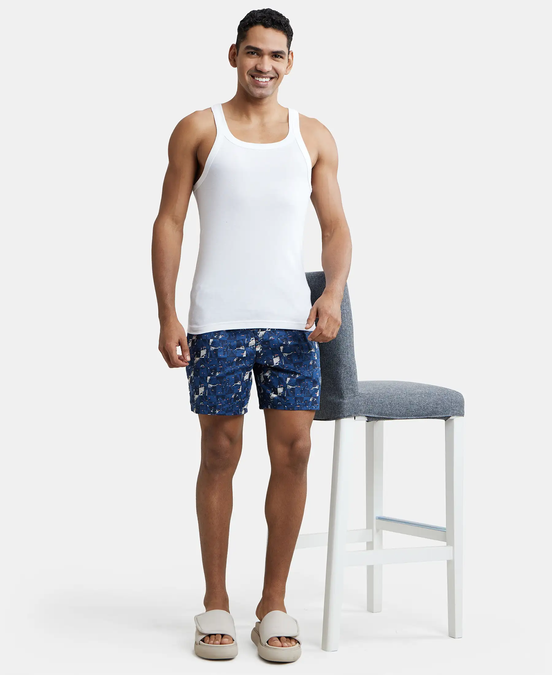 Super Combed Cotton Satin Weave Printed Boxer Shorts with Side Pocket - Navy & Orange - Image 6