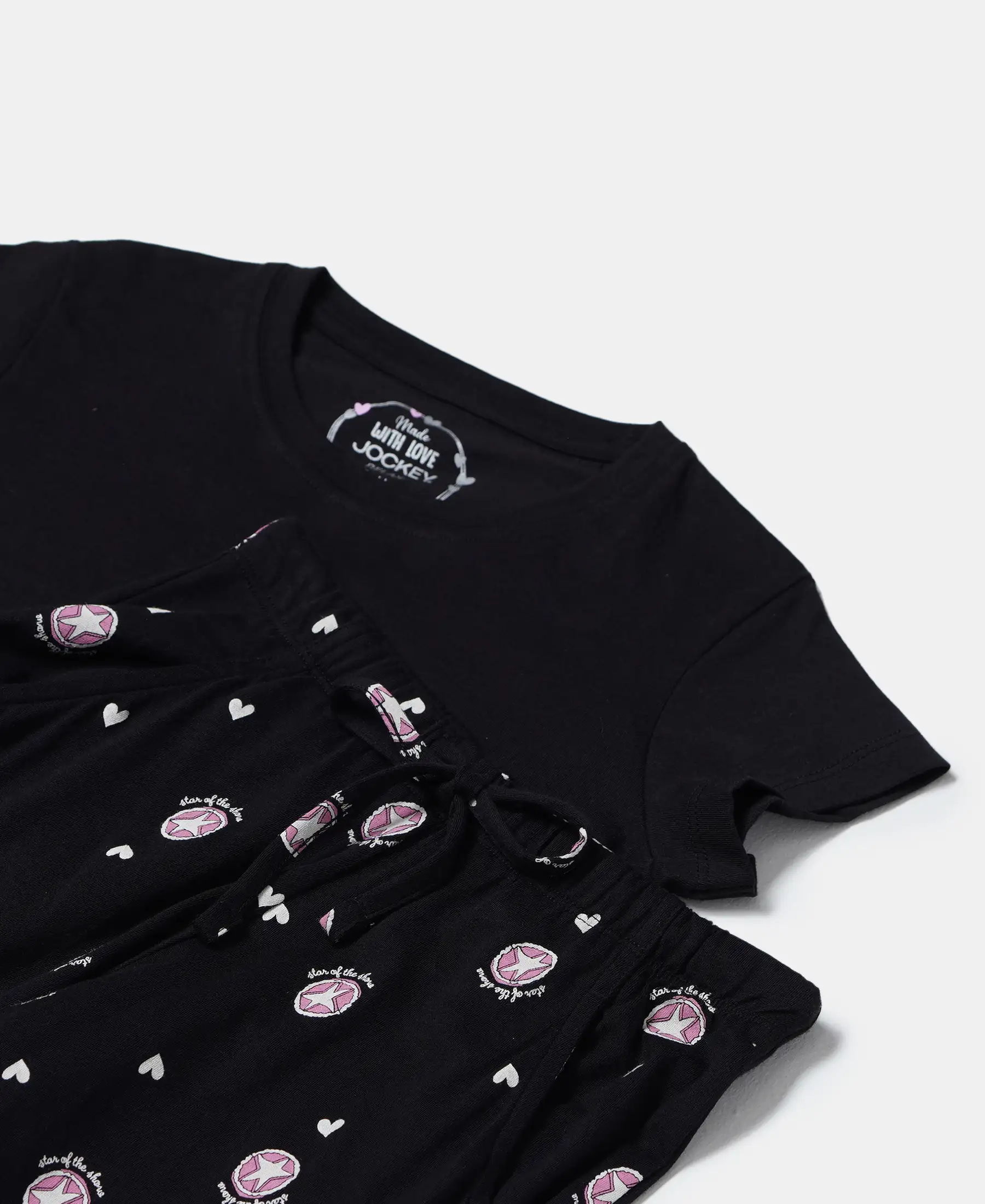 Girl's Super Combed Cotton Short Sleeve T-Shirt and Printed Pyjama Set - Black - Image 6