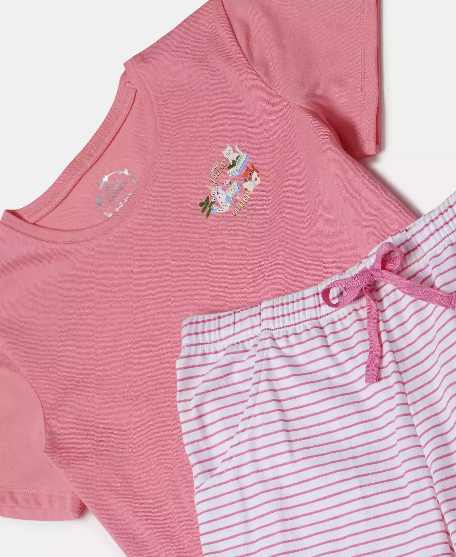 Girl's Super Combed Cotton Short Sleeve T-Shirt and Printed Shorts Set - White-Flamingo Pink - Image 7