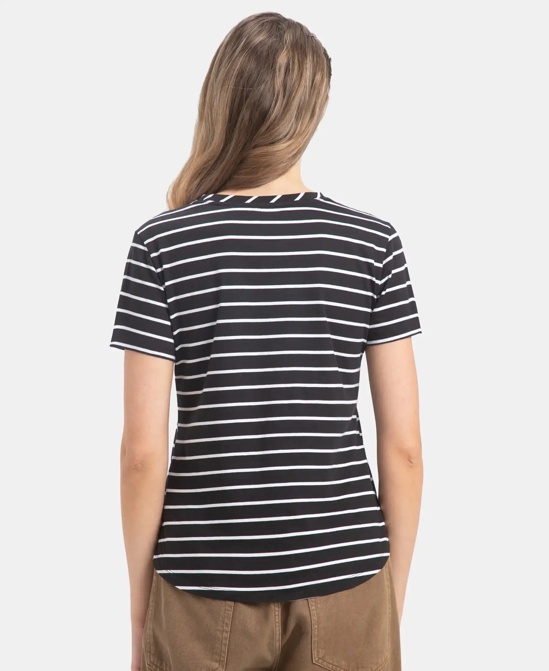 Super Combed Cotton Stripe Fabric Relaxed Fit Round Neck Half Sleeve T-Shirt with Curved Hem Styling - Black - Image 3