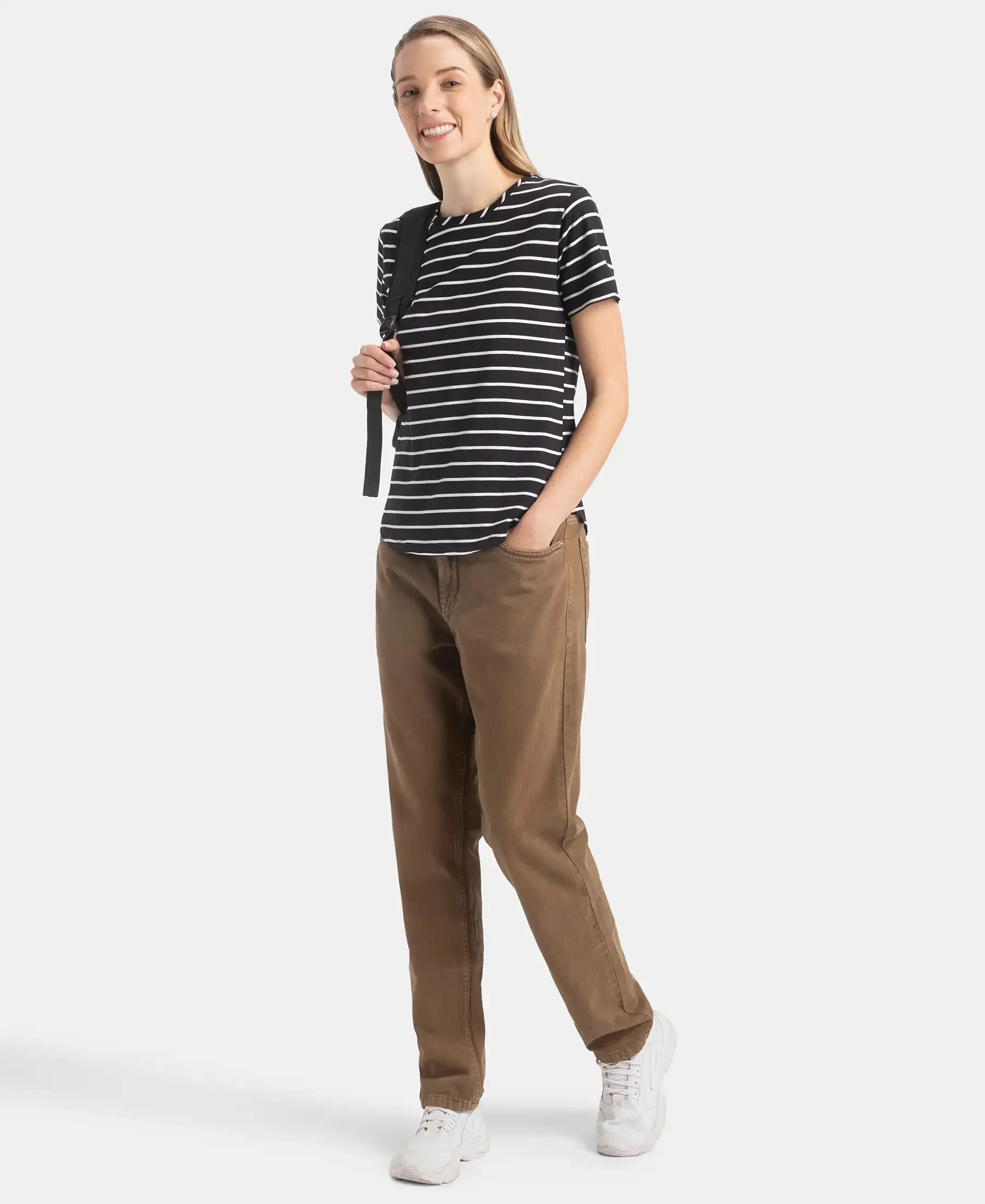 Super Combed Cotton Stripe Fabric Relaxed Fit Round Neck Half Sleeve T-Shirt with Curved Hem Styling - Black - Image 6
