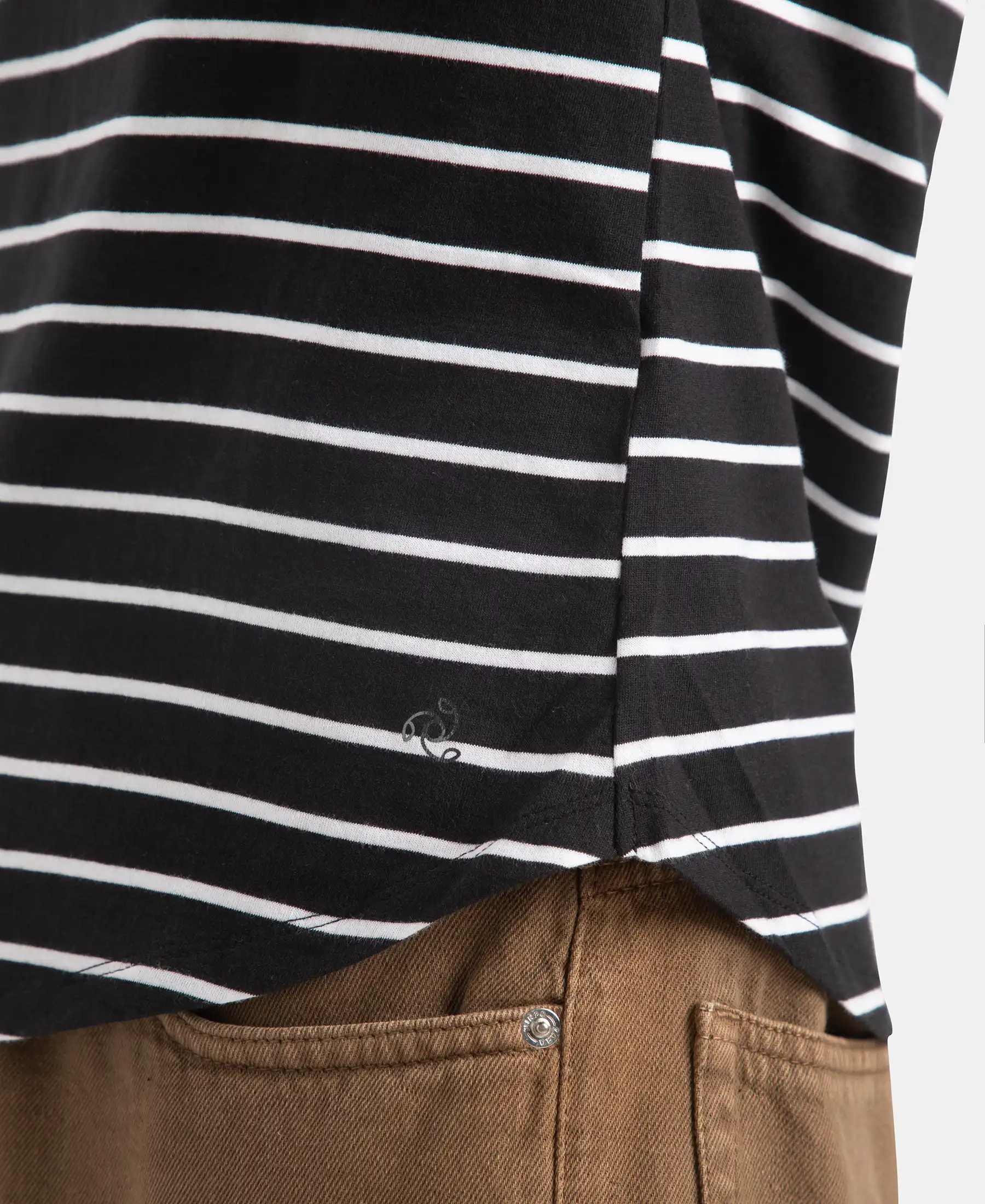 Super Combed Cotton Stripe Fabric Relaxed Fit Round Neck Half Sleeve T-Shirt with Curved Hem Styling - Black - Image 8