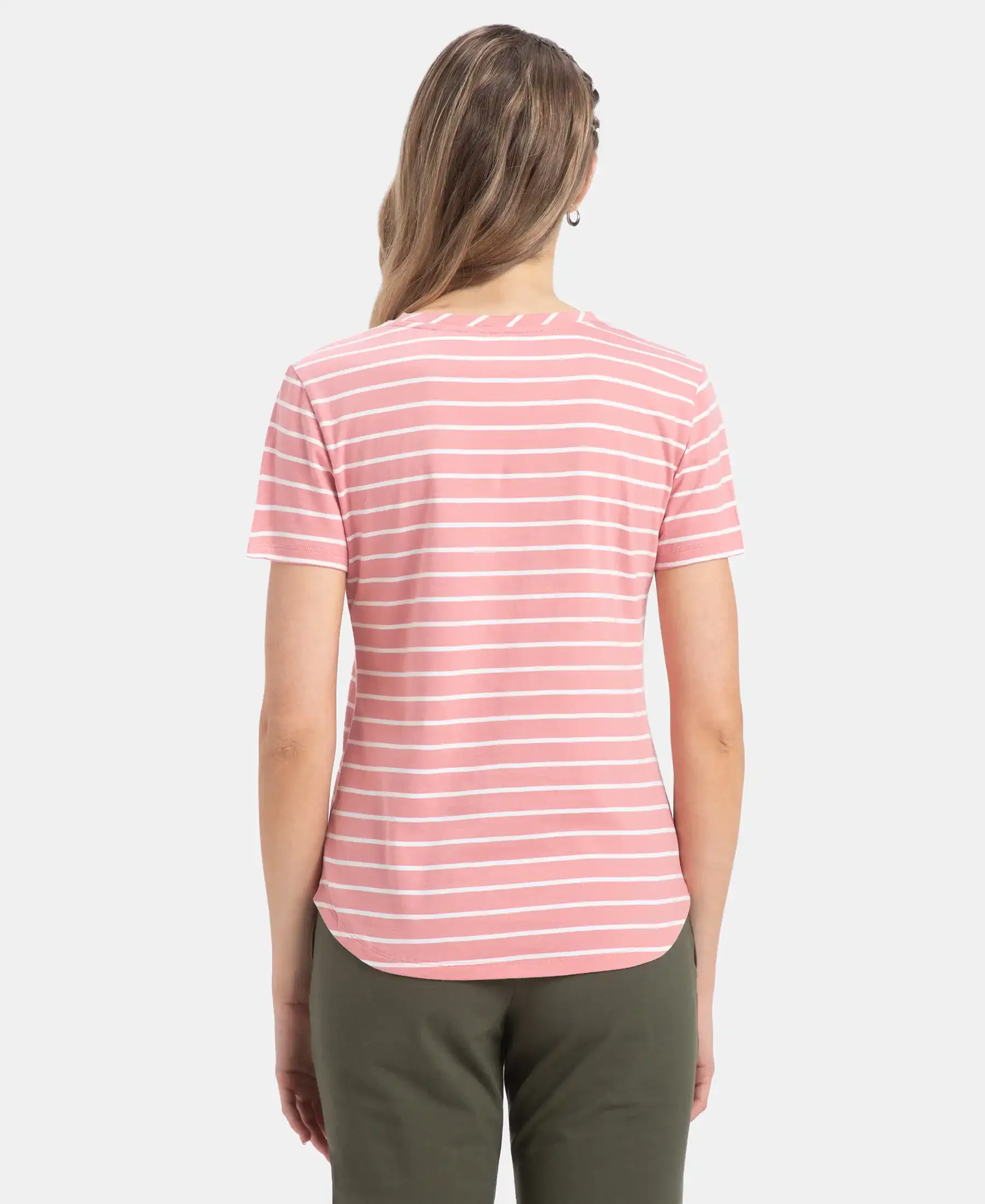 Super Combed Cotton Stripe Fabric Relaxed Fit Round Neck Half Sleeve T-Shirt with Curved Hem Styling - Brandied Apricot - Image 3