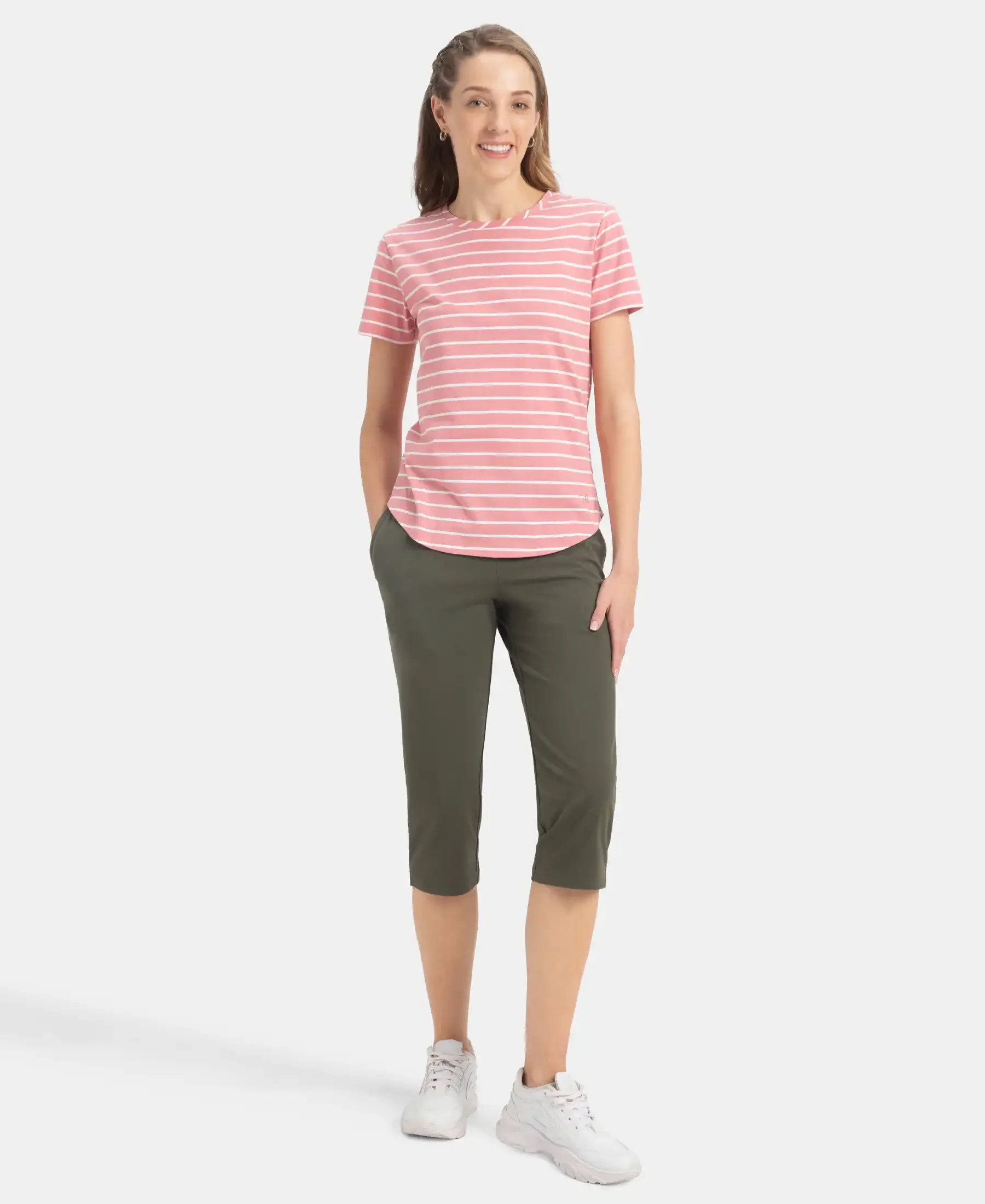 Super Combed Cotton Stripe Fabric Relaxed Fit Round Neck Half Sleeve T-Shirt with Curved Hem Styling - Brandied Apricot - Image 4