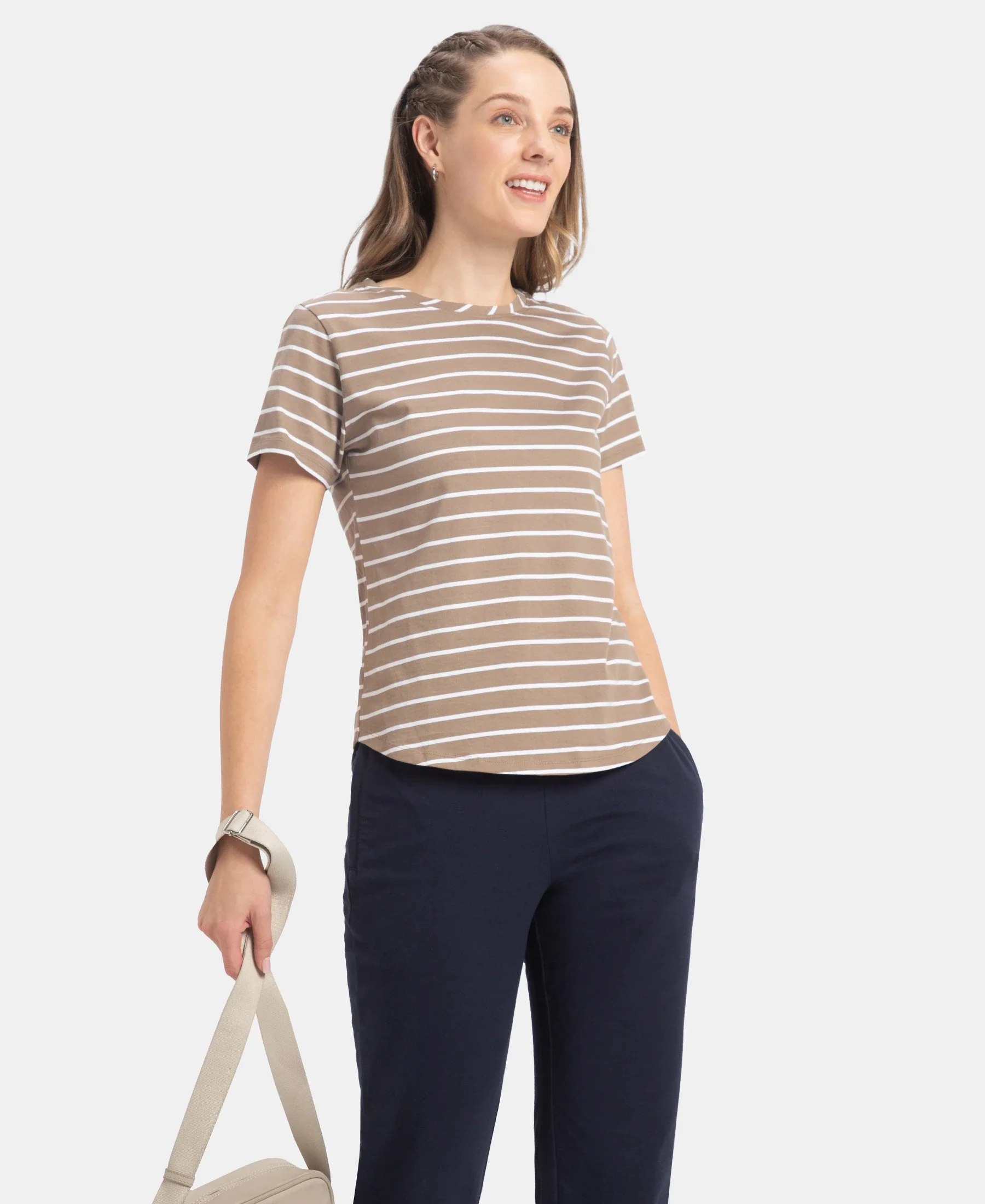 Super Combed Cotton Stripe Fabric Relaxed Fit Round Neck Half Sleeve T-Shirt with Curved Hem Styling - Desert Taupe - Image 5