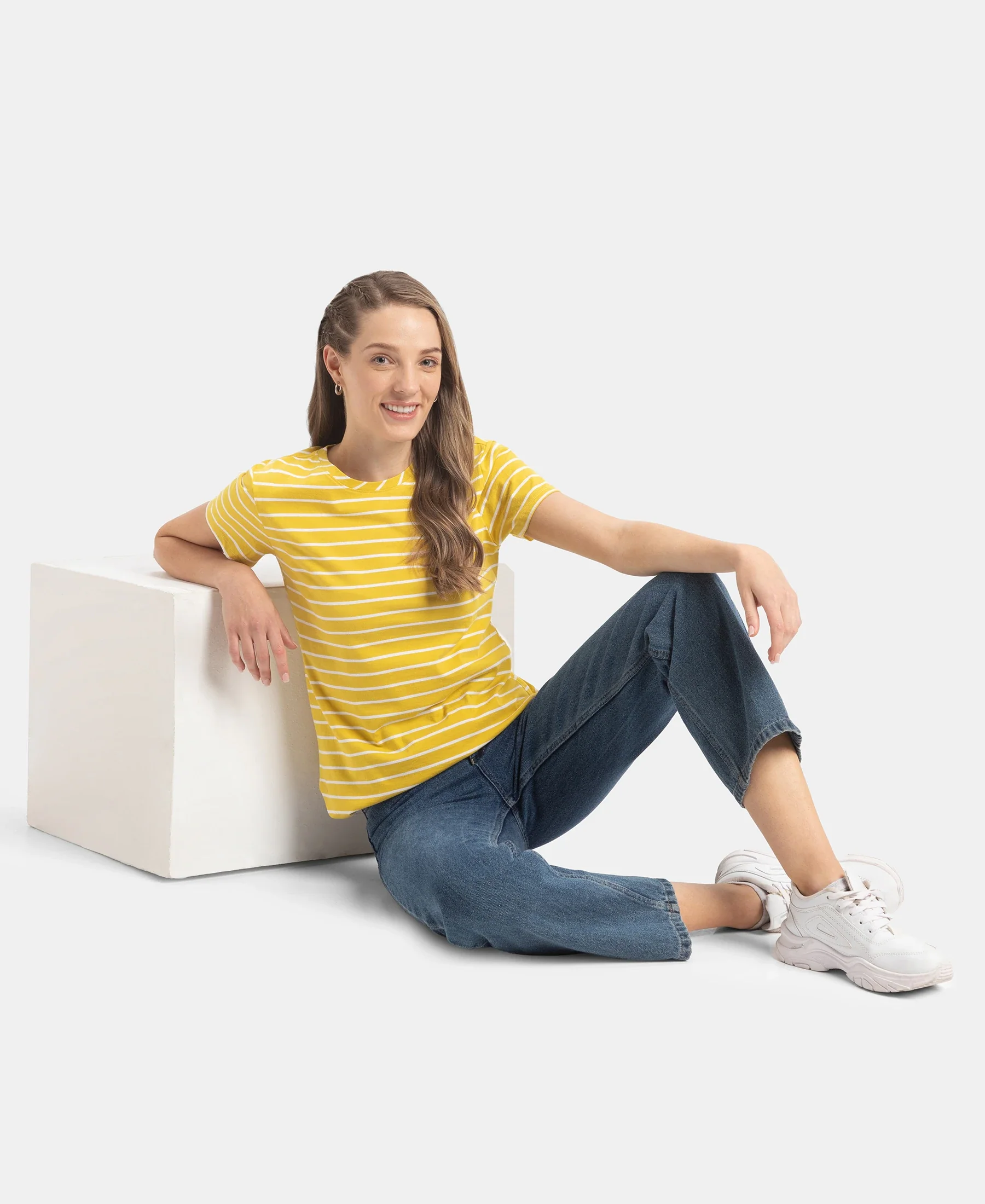 Super Combed Cotton Stripe Fabric Relaxed Fit Round Neck Half Sleeve T-Shirt with Curved Hem Styling - Mango Mint - Image 6