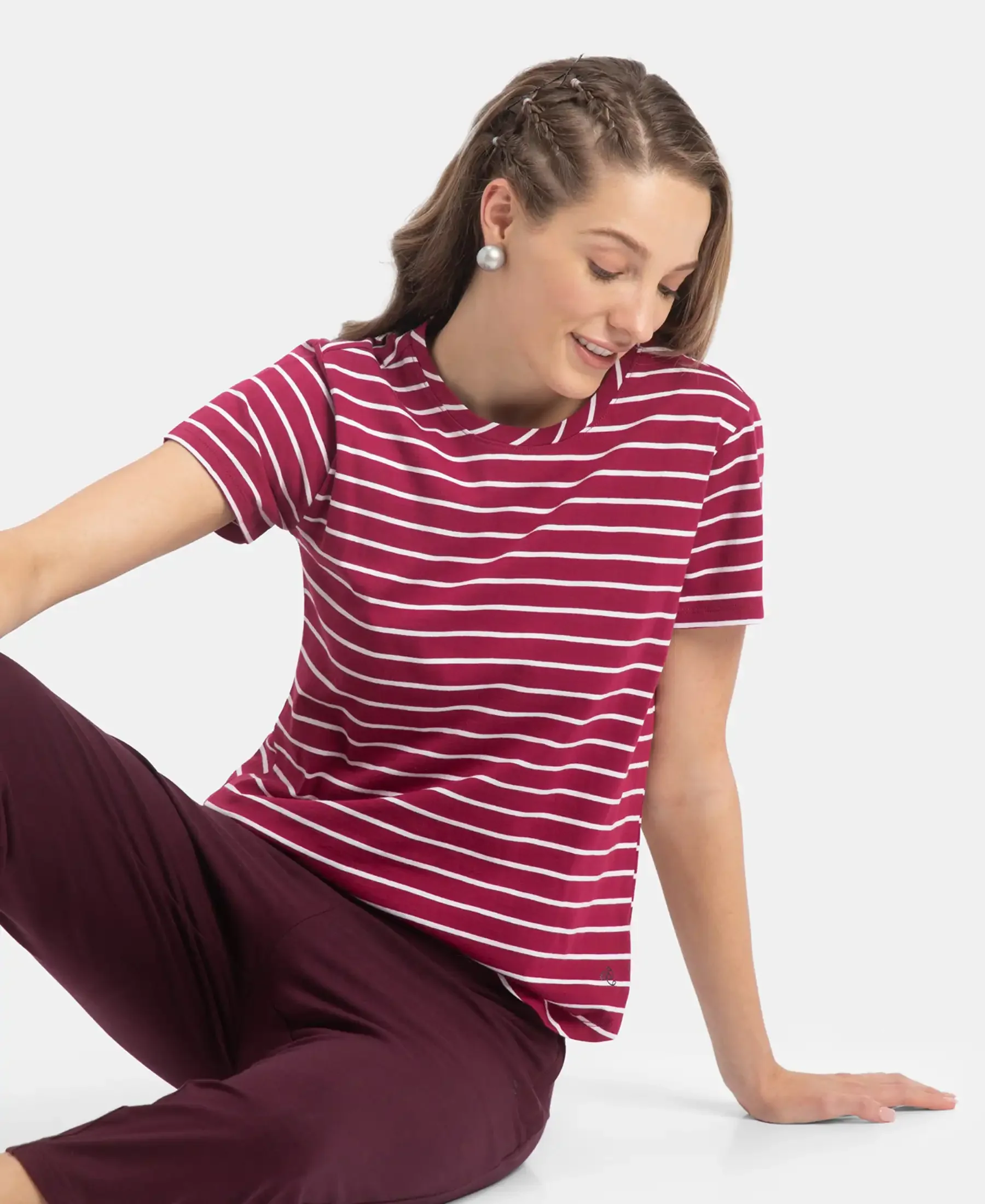 Super Combed Cotton Stripe Fabric Relaxed Fit Round Neck Half Sleeve T-Shirt with Curved Hem Styling - Red Plum - Image 5