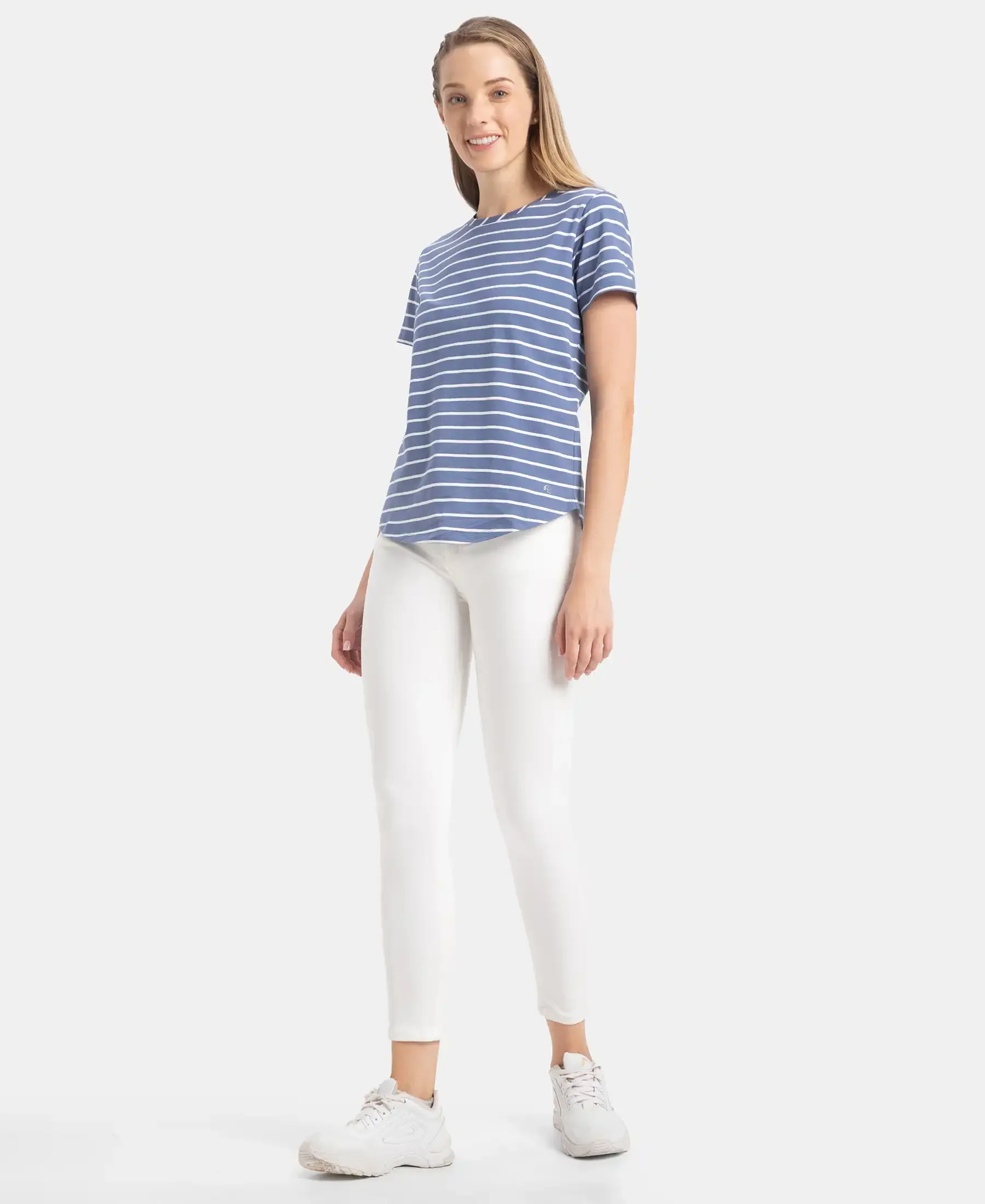 Super Combed Cotton Stripe Fabric Relaxed Fit Round Neck Half Sleeve T-Shirt with Curved Hem Styling - Topaz Blue - Image 4