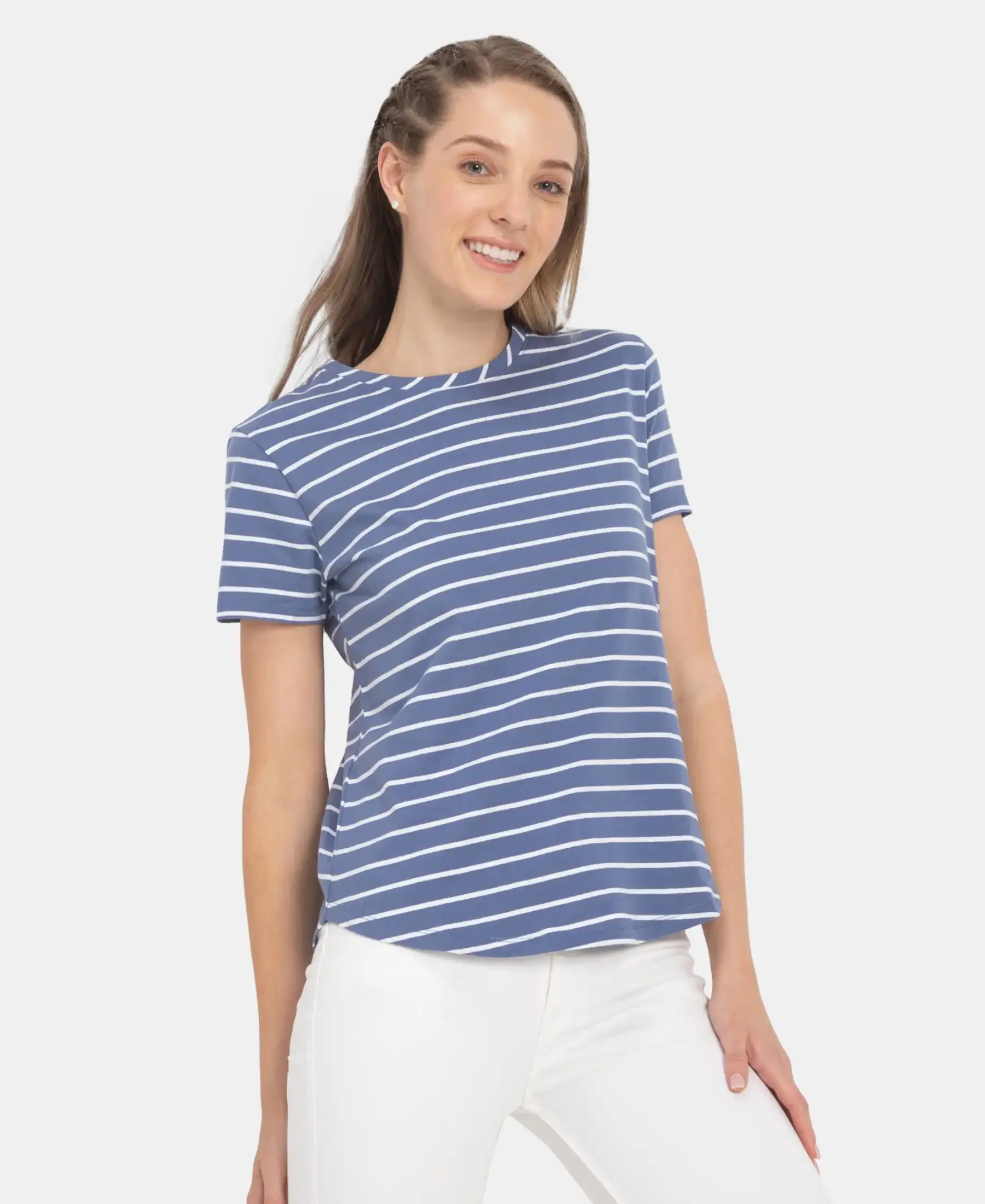 Super Combed Cotton Stripe Fabric Relaxed Fit Round Neck Half Sleeve T-Shirt with Curved Hem Styling - Topaz Blue - Image 5
